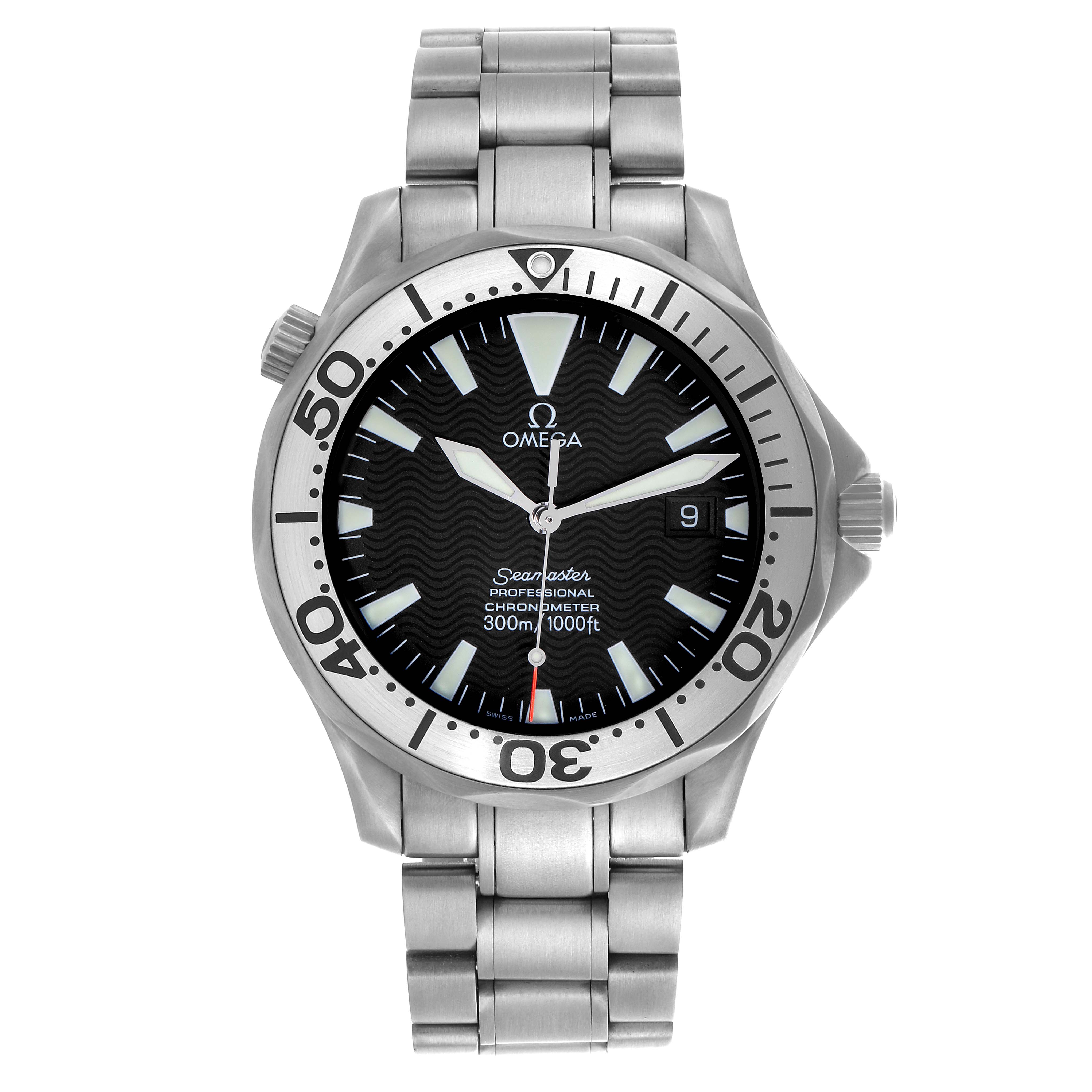 The Omega Seamaster 2231.50.00 Men's Titanium Black Dial 2231.50.00 Men's Titanium Black Dial watch is shown from the front, displaying the dial, hands, bezel, and part of the bracelet.