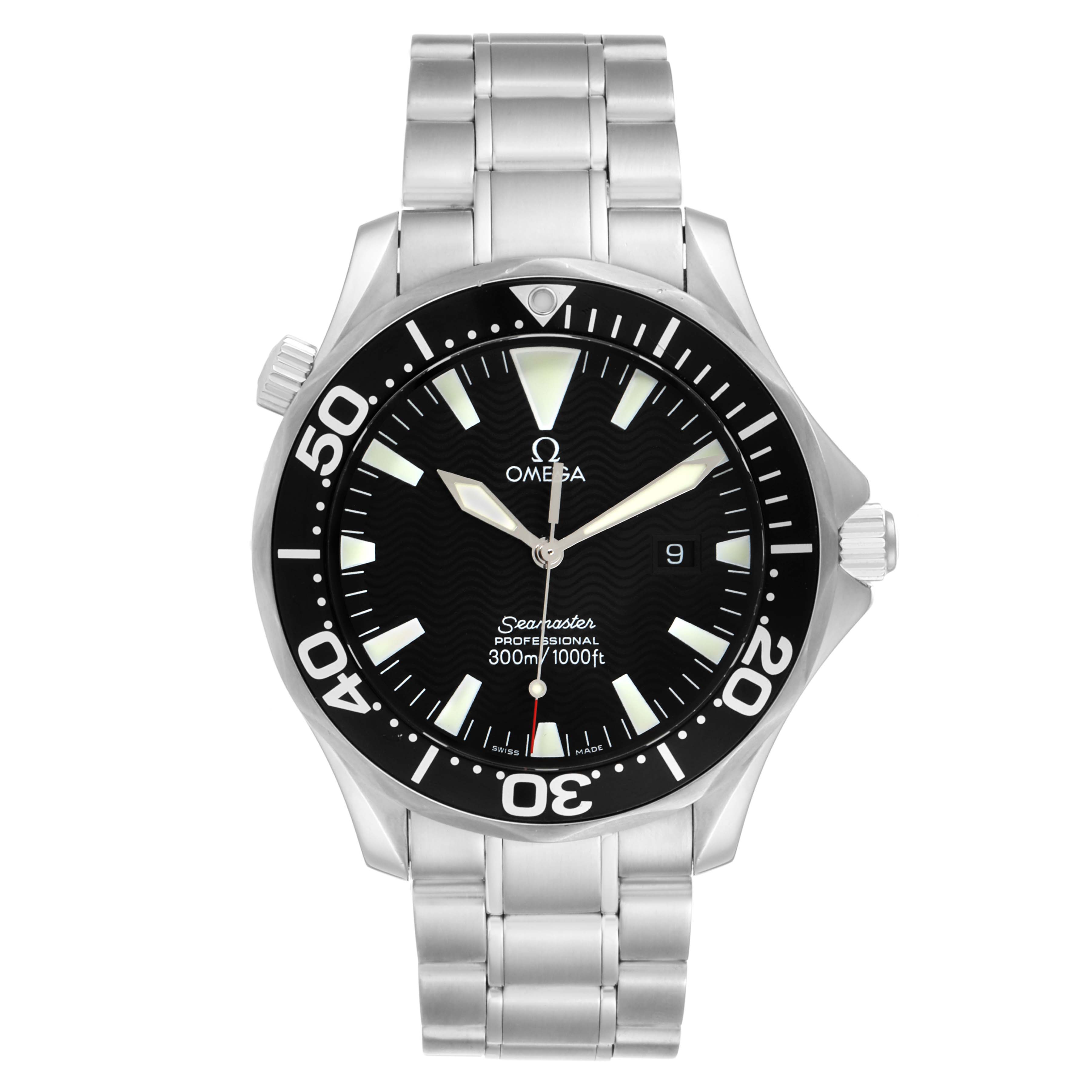 The image shows a front view of the Omega Seamaster 2264.50.00 Men
s Stainless Steel Black Dial 2264.50.00 Men
s Stainless Steel Black Dial watch, highlighting the dial, bezel, and stainless steel bracelet.