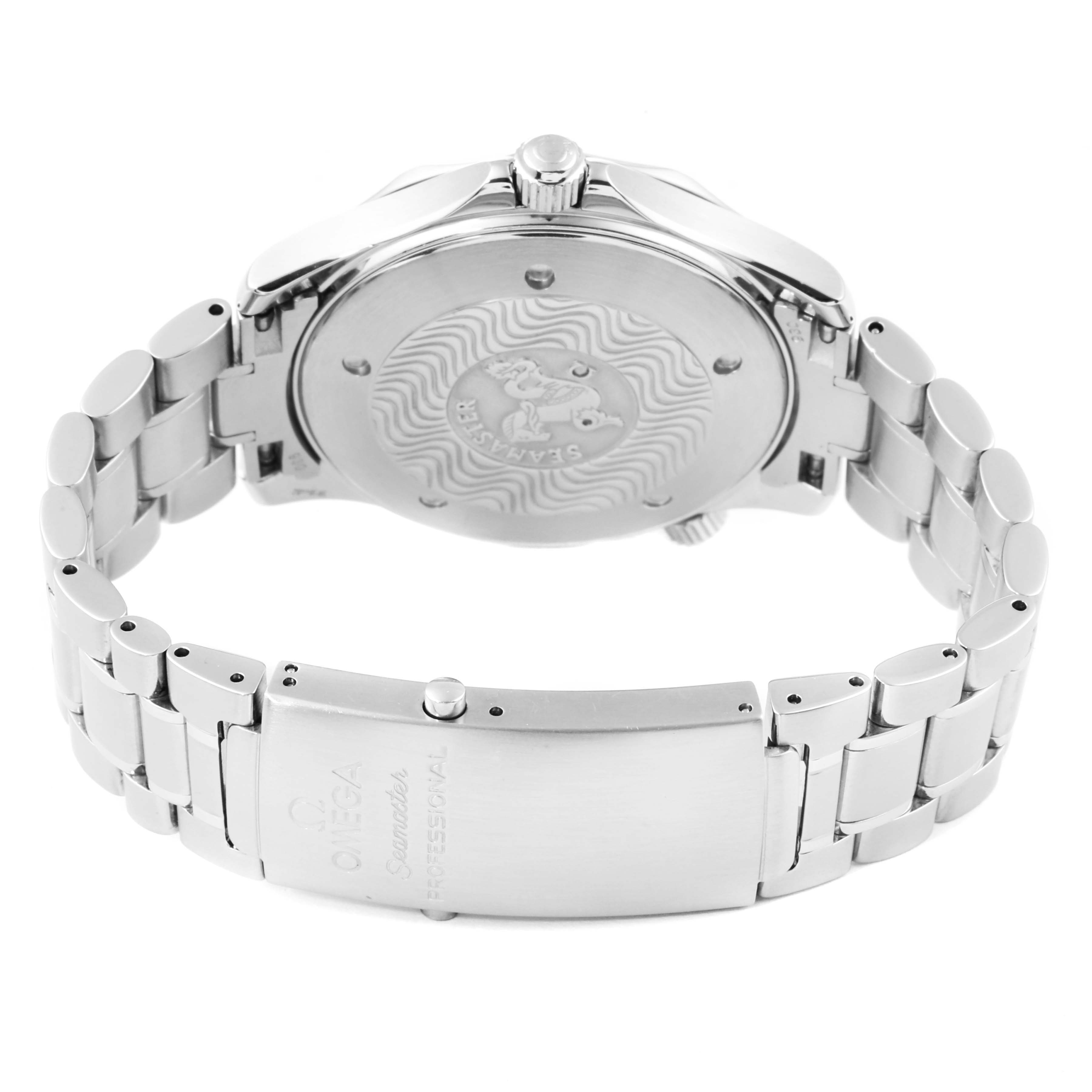 The image shows the back case and bracelet clasp of an Omega Seamaster 2264.50.00 Men
s Stainless Steel Black Dial 2264.50.00 Men
s Stainless Steel Black Dial watch from a rear angle.