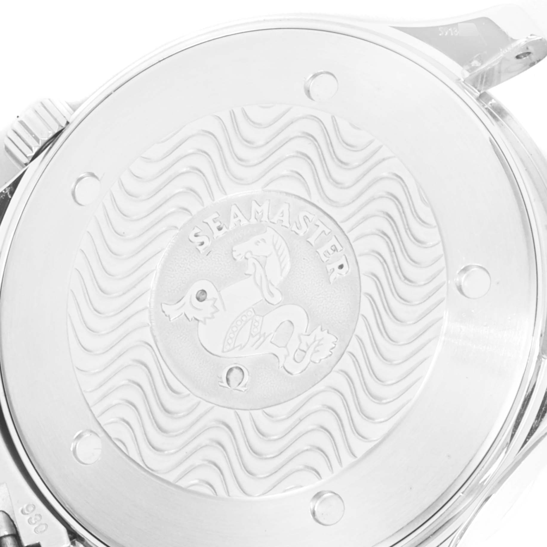 The image shows the case back of an Omega Seamaster 2264.50.00 Men
s Stainless Steel Black Dial 2264.50.00 Men
s Stainless Steel Black Dial watch, featuring engraved patterns and the Seamaster logo.