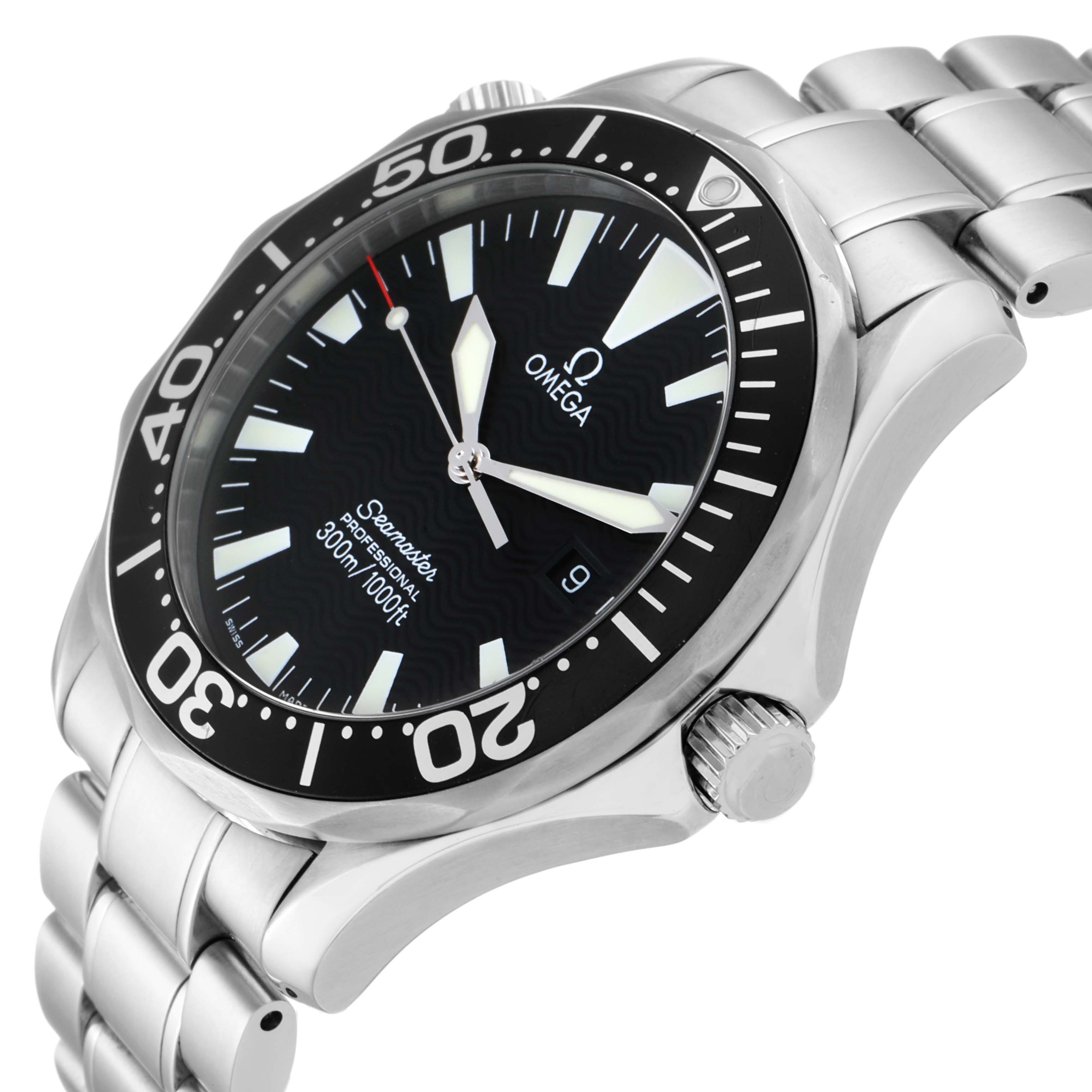 The image shows a side view of an Omega Seamaster 2264.50.00 Men
s Stainless Steel Black Dial 2264.50.00 Men
s Stainless Steel Black Dial watch, highlighting the bezel, crown, dial, and part of the stainless steel band.