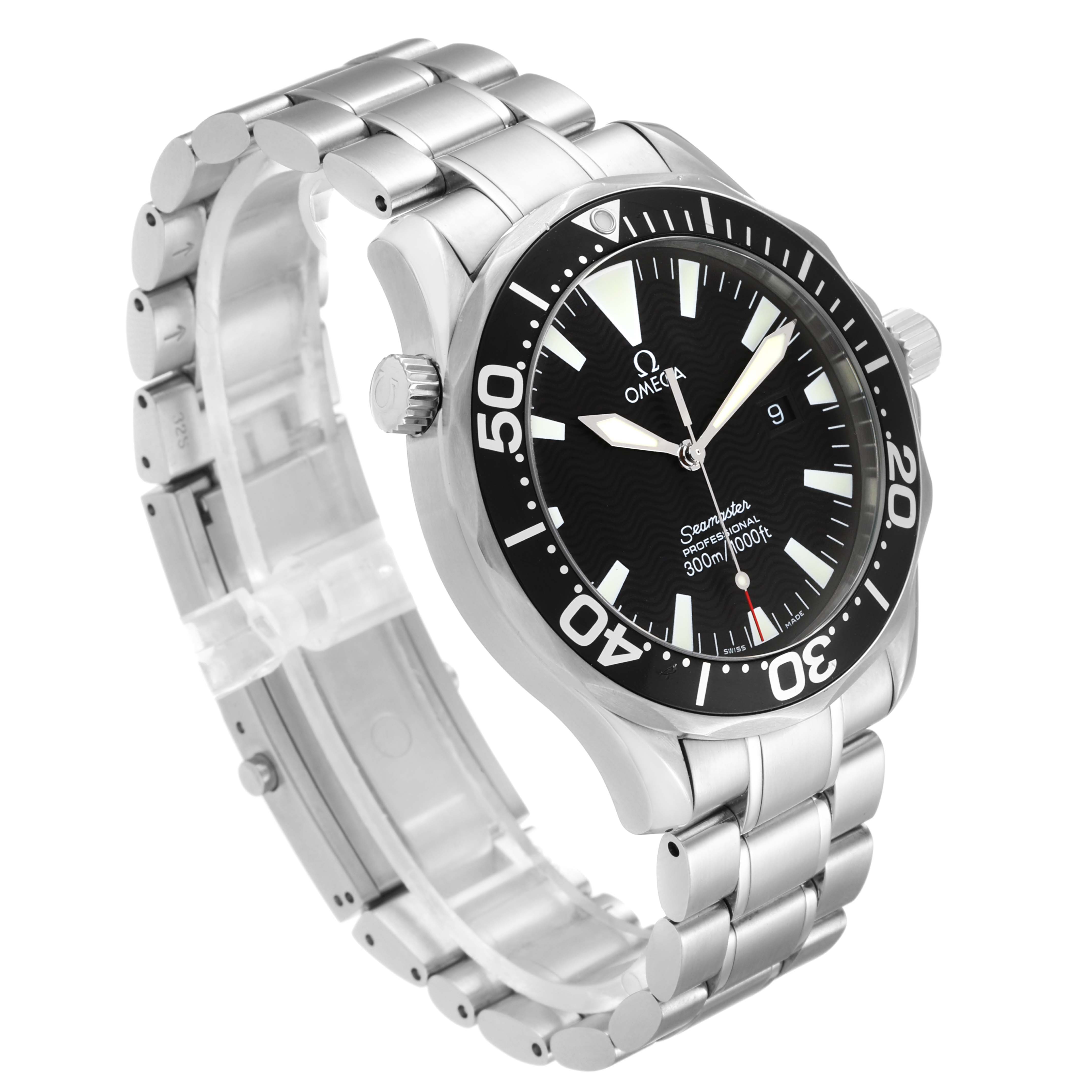 The Omega Seamaster 2264.50.00 Men
s Stainless Steel Black Dial 2264.50.00 Men
s Stainless Steel Black Dial watch is shown angled to display its face, bezel, crown, and metal bracelet.