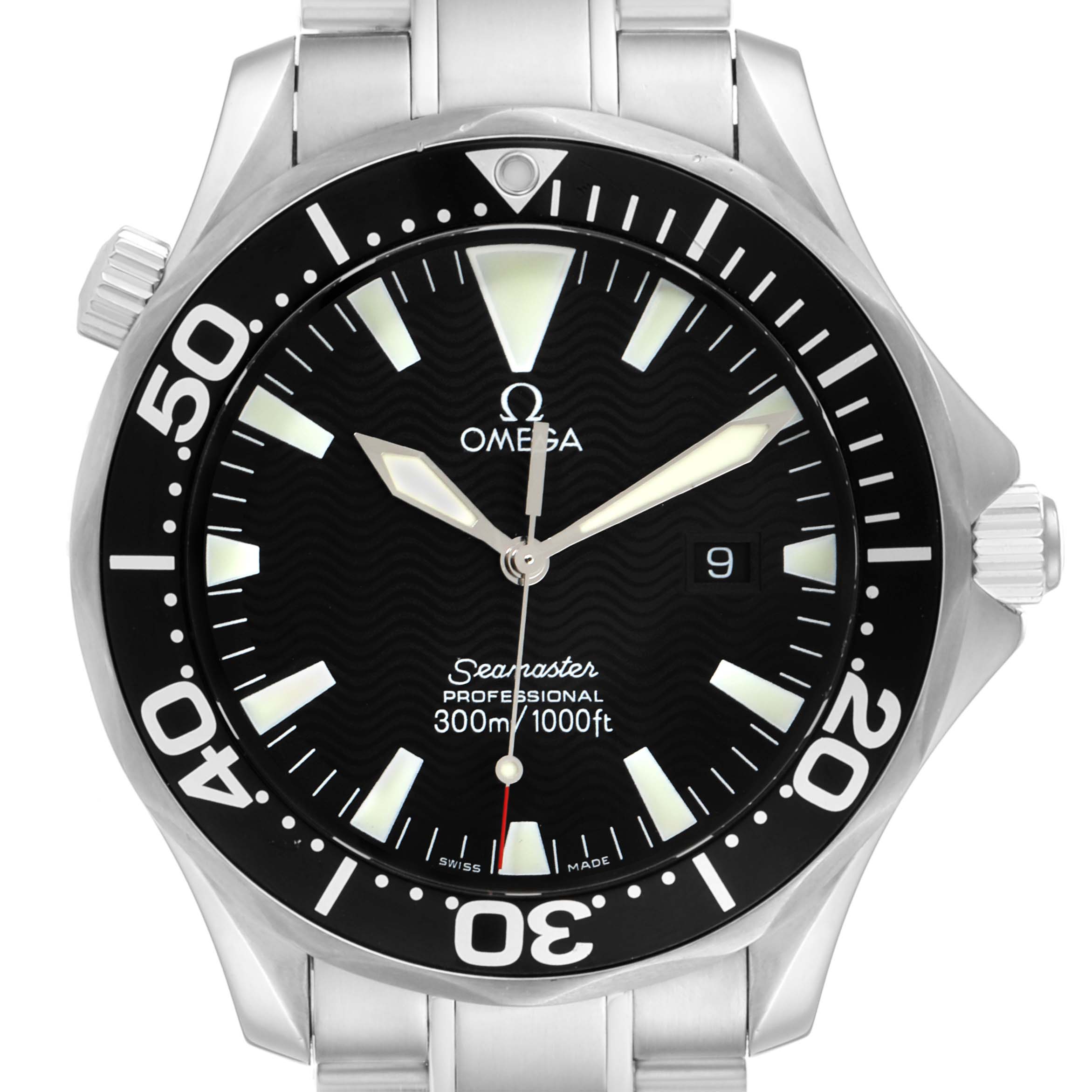 The image shows a directly front-facing view of an Omega Seamaster 2264.50.00 Men
s Stainless Steel Black Dial 2264.50.00 Men
s Stainless Steel Black Dial watch, displaying its dial, bezel, hands, and part of the bracelet.