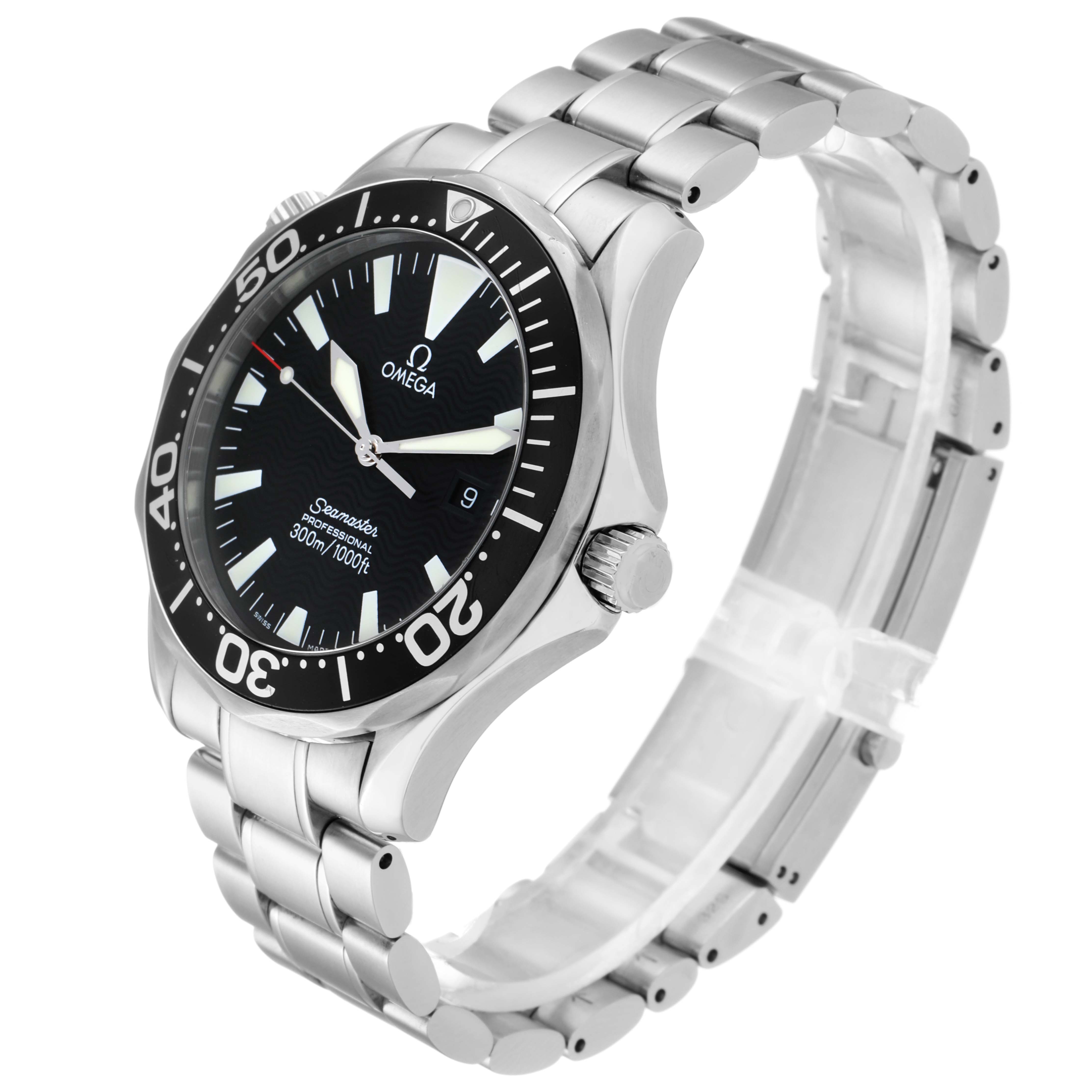 The image shows a side angle of the Omega Seamaster 2264.50.00 Men
s Stainless Steel Black Dial 2264.50.00 Men
s Stainless Steel Black Dial watch, displaying the face, bezel, crown, and bracelet.