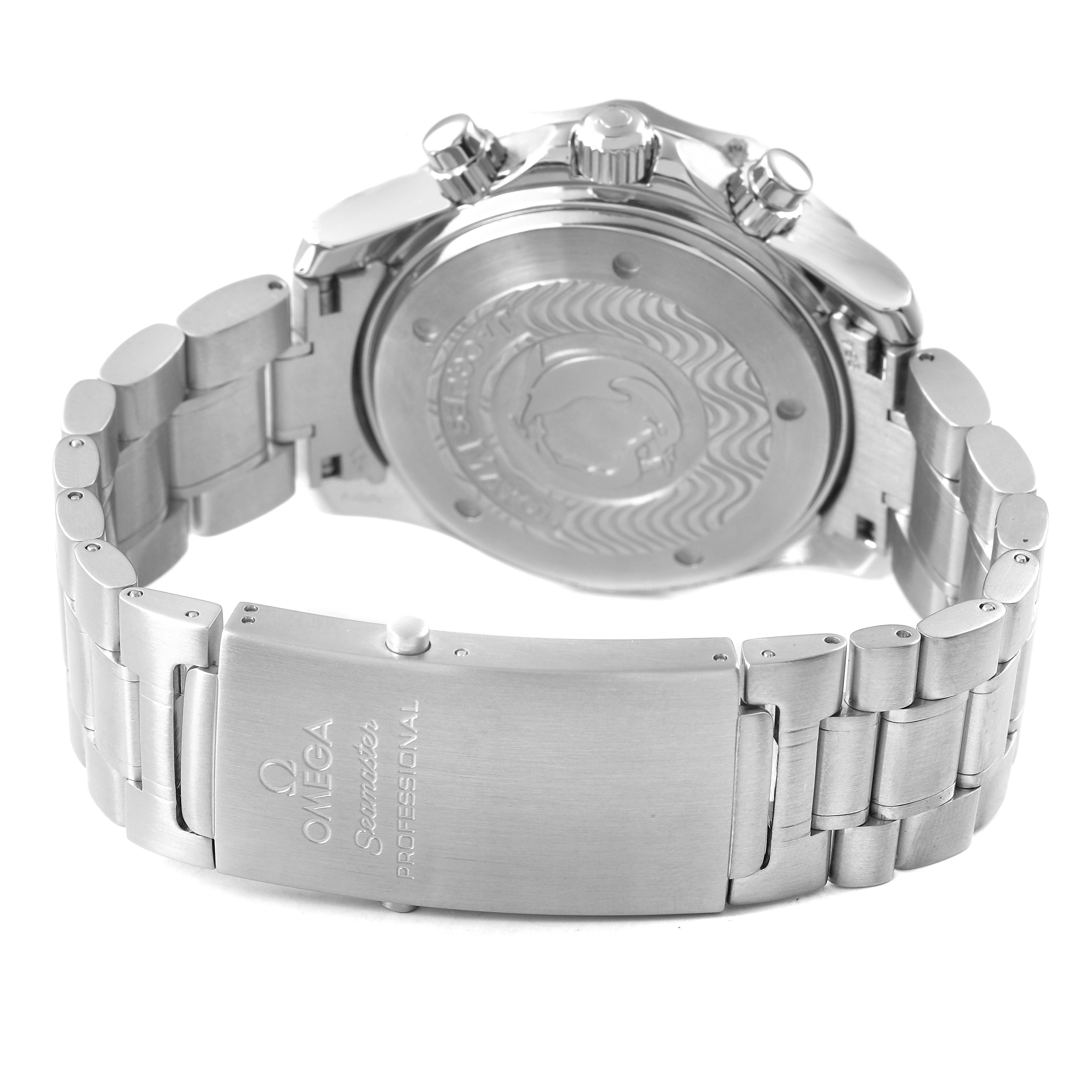 The image shows the back of an Omega Seamaster 2595.30.00 Men's Stainless Steel Silver Dial watch, highlighting the case back, crown, pushers, and bracelet clasp.