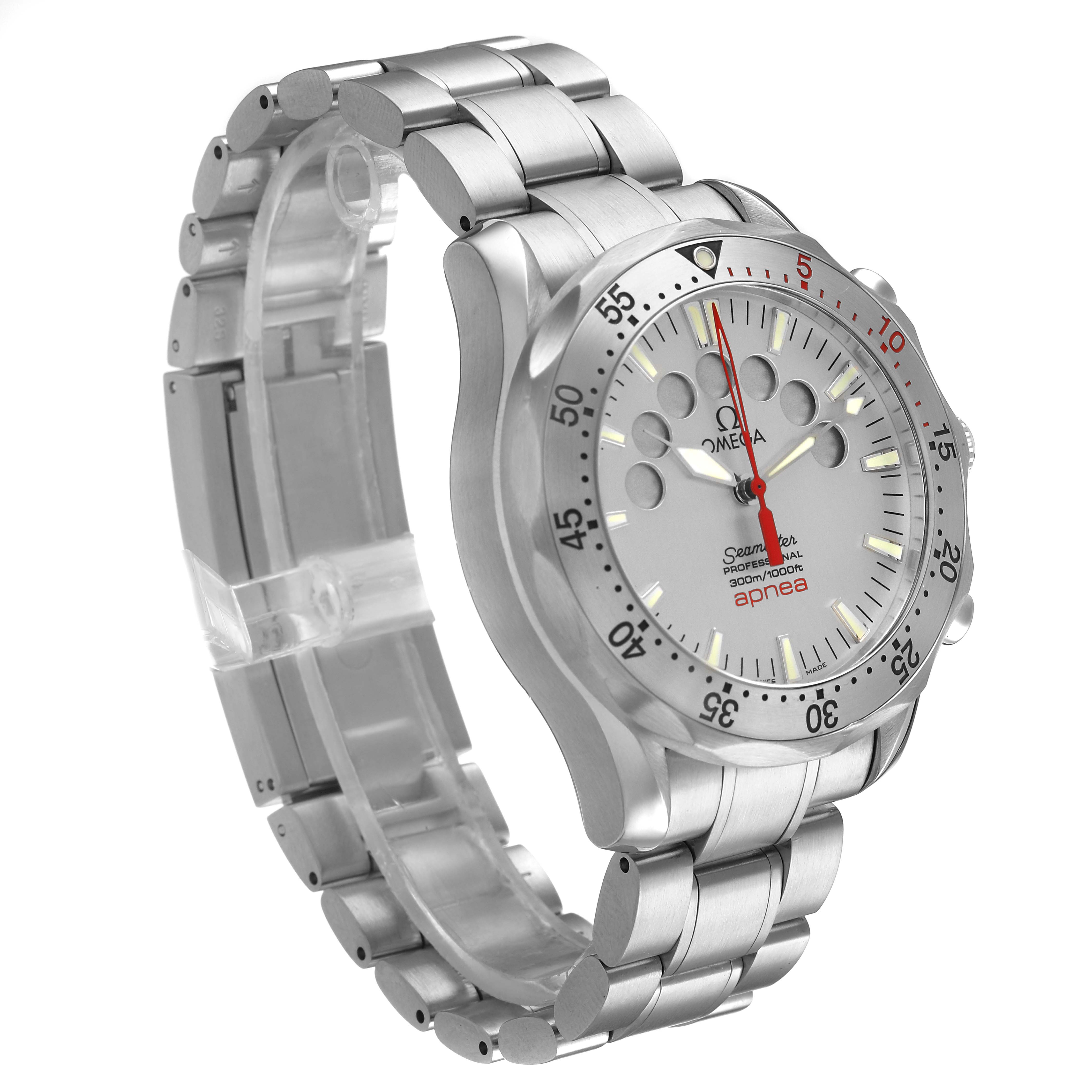 The Omega Seamaster 2595.30.00 Men's Stainless Steel Silver Dial watch is shown at a three-quarter angle, displaying the bezel, dial, and bracelet.