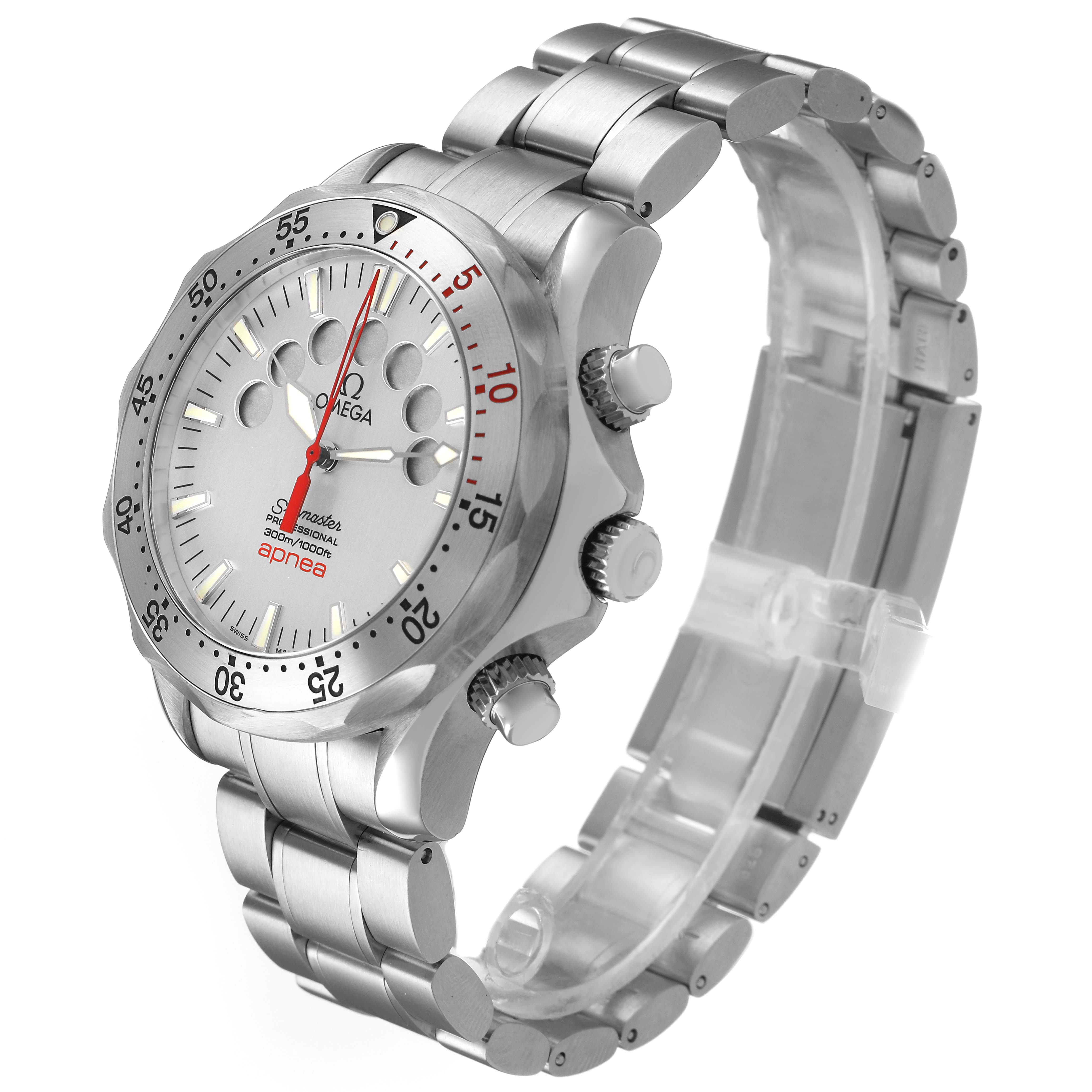 The Omega Seamaster 2595.30.00 Men's Stainless Steel Silver Dial watch is shown at a slight side angle, displaying the bezel, crown, pushers, and stainless steel bracelet.