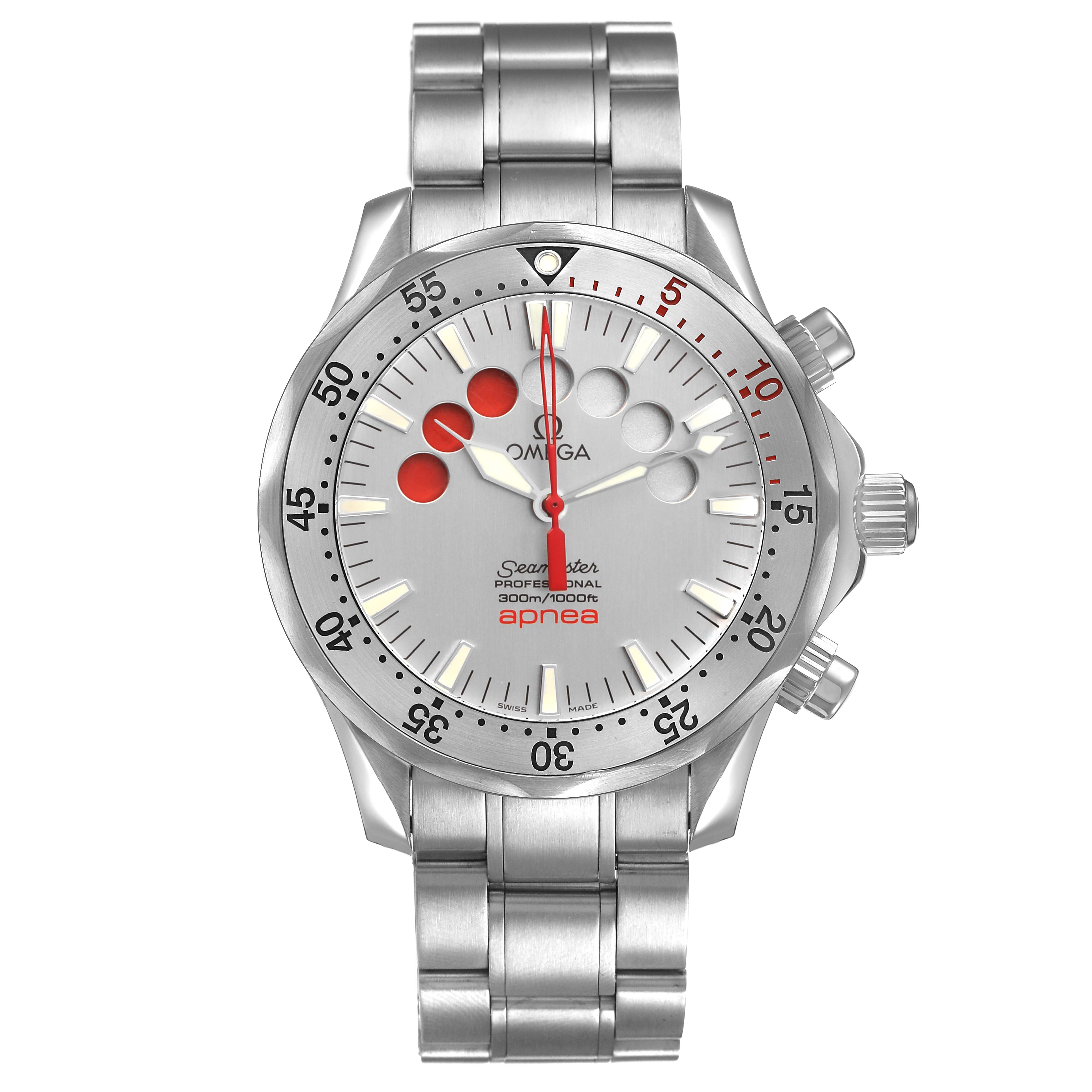 The Omega Seamaster 2595.30.00 Men's Stainless Steel Silver Dial Apnea watch is shown from the front, displaying the dial, bezel, and bracelet.