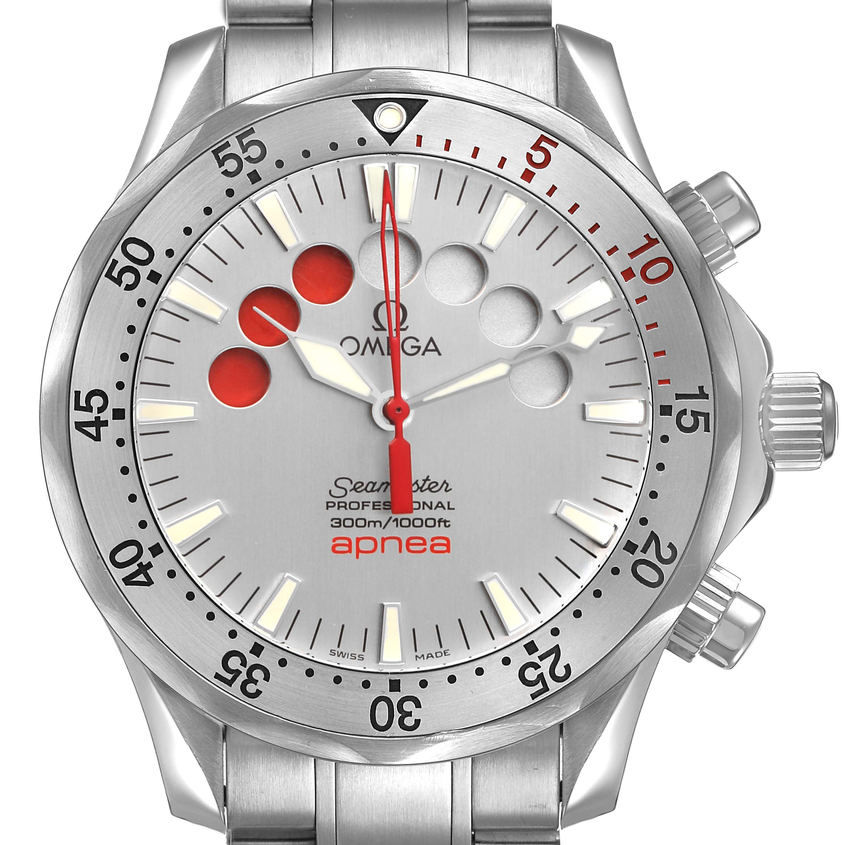 The Omega Seamaster 2595.30.00 Men's Stainless Steel Silver Dial watch is shown from the front, highlighting the dial, bezel, and crown.