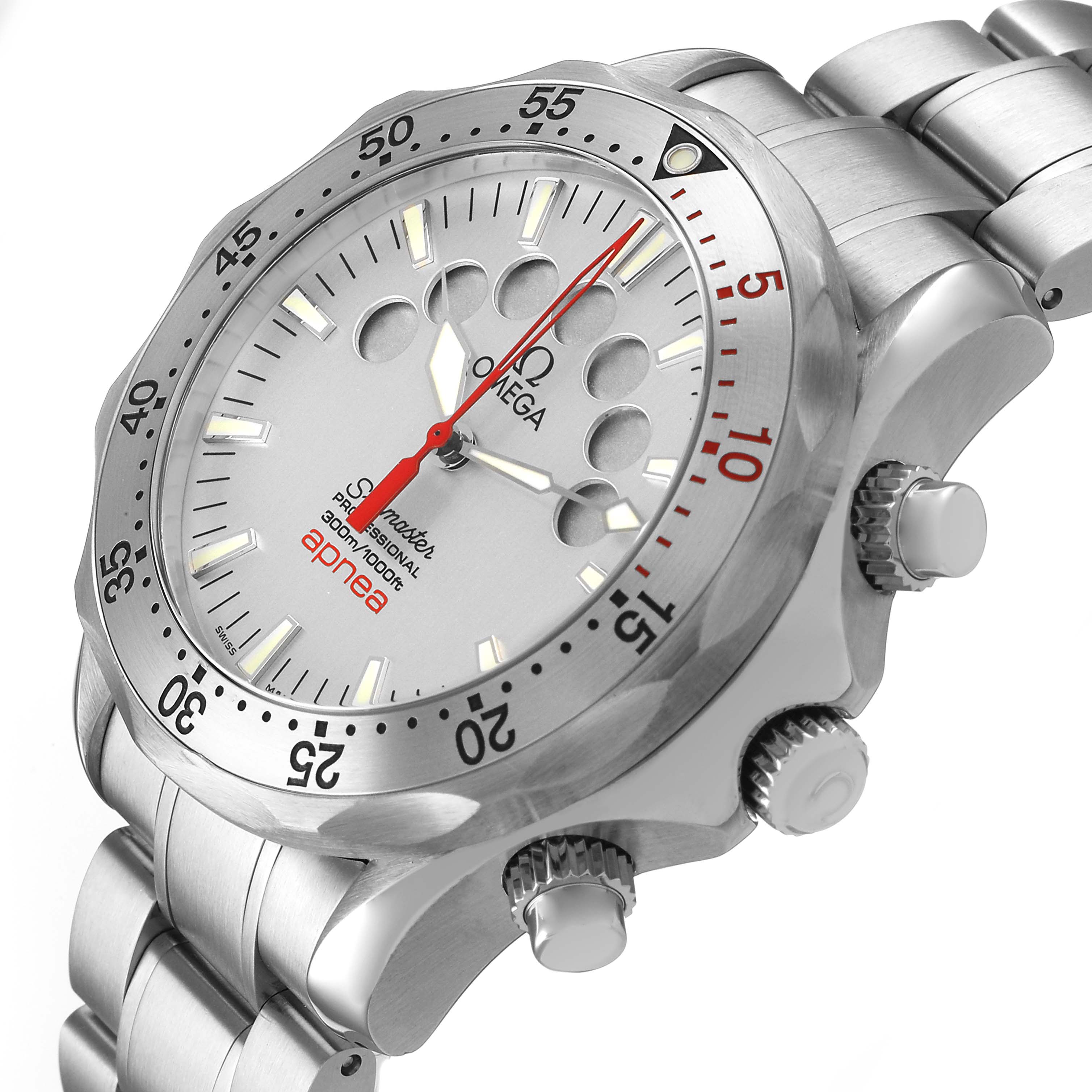The Omega Seamaster 2595.30.00 Men's Stainless Steel Silver Dial watch is shown from a three-quarter angle, highlighting the face, bezel, and crown.