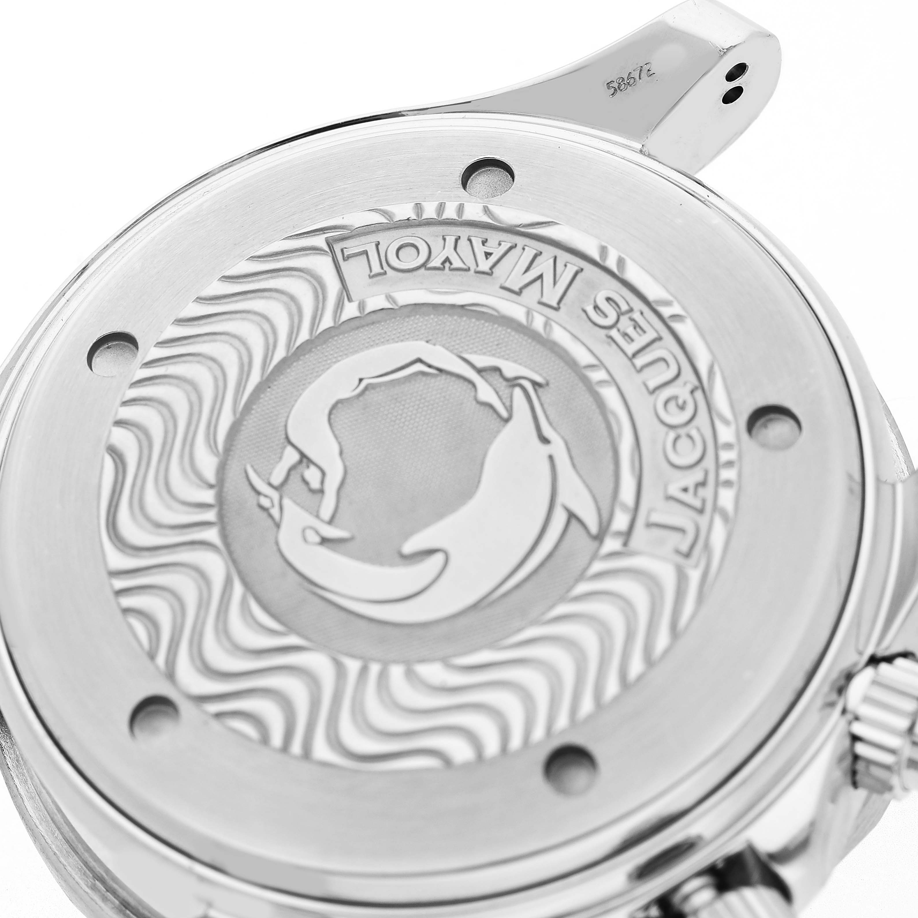 The image shows the case back of an Omega Seamaster 2595.30.00 Men's Stainless Steel Silver Dial watch featuring engraved details.