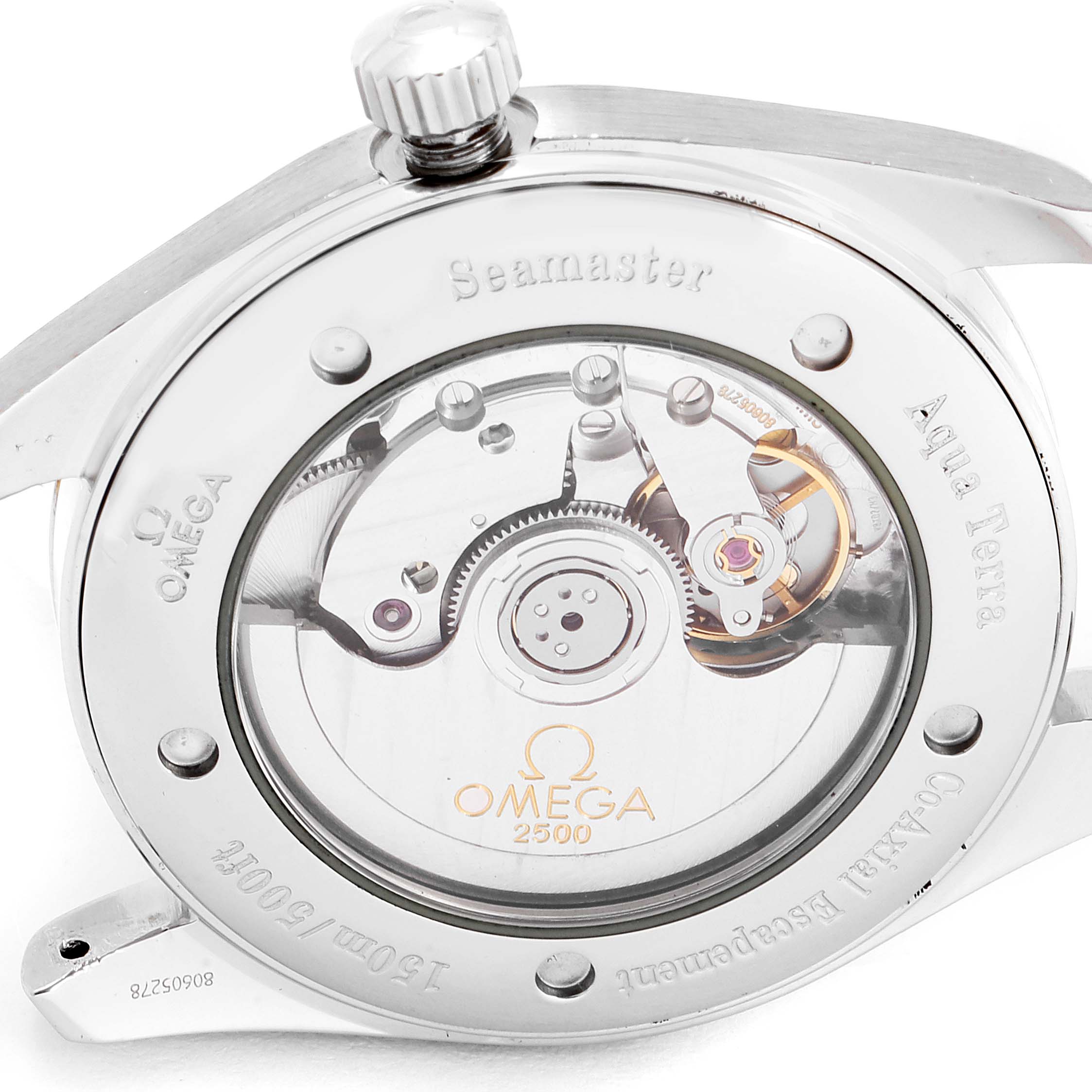 This is the back view of an Omega Seamaster 2503.34.00 Men
s Stainless Steel Silver Dial 2503.34.00 Men
s Stainless Steel Silver Dial watch, showing its internal mechanical movement.