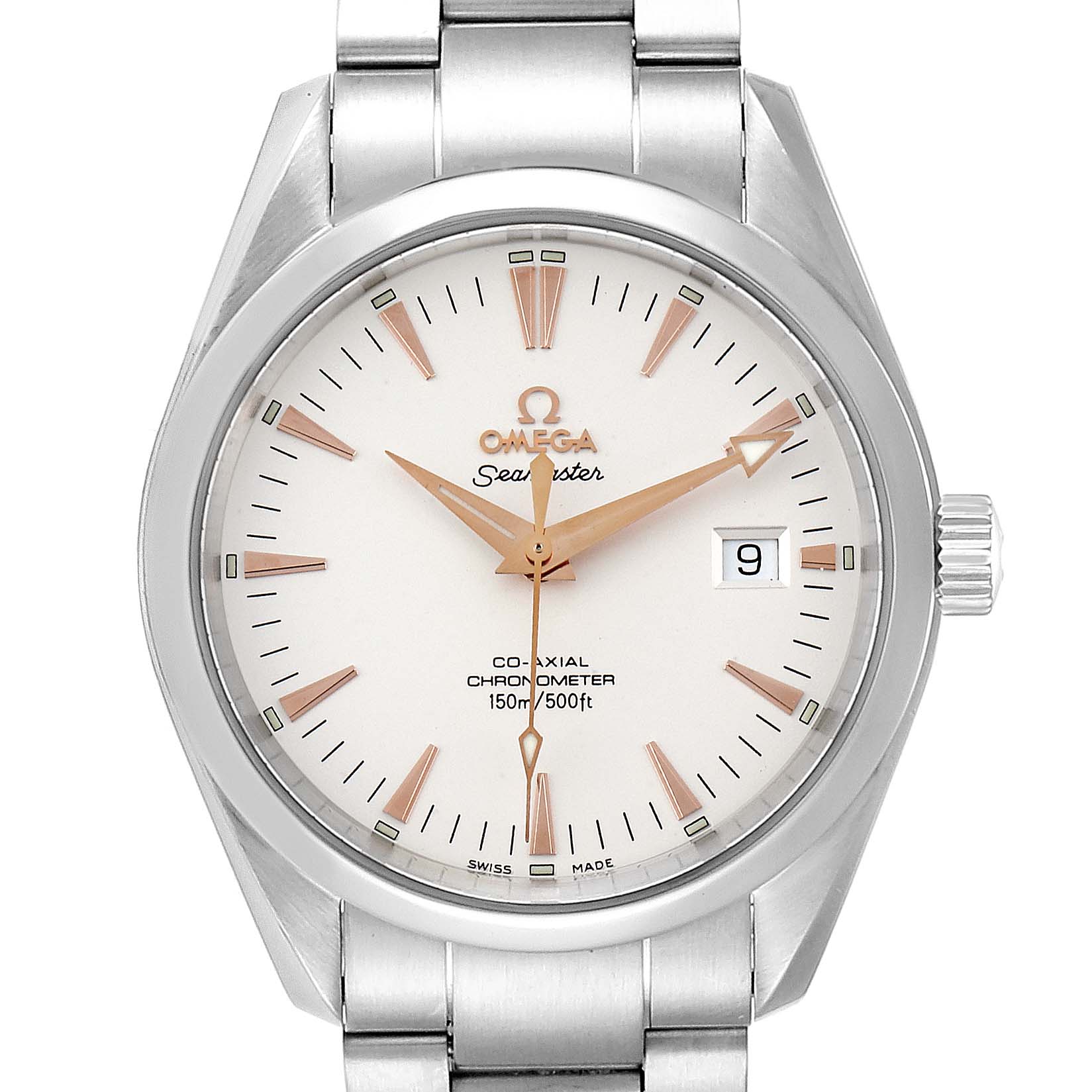 The image shows a front view of an Omega Seamaster 2503.34.00 Men
s Stainless Steel Silver Dial 2503.34.00 Men
s Stainless Steel Silver Dial watch, highlighting its dial, hands, date window, bezel, and bracelet.