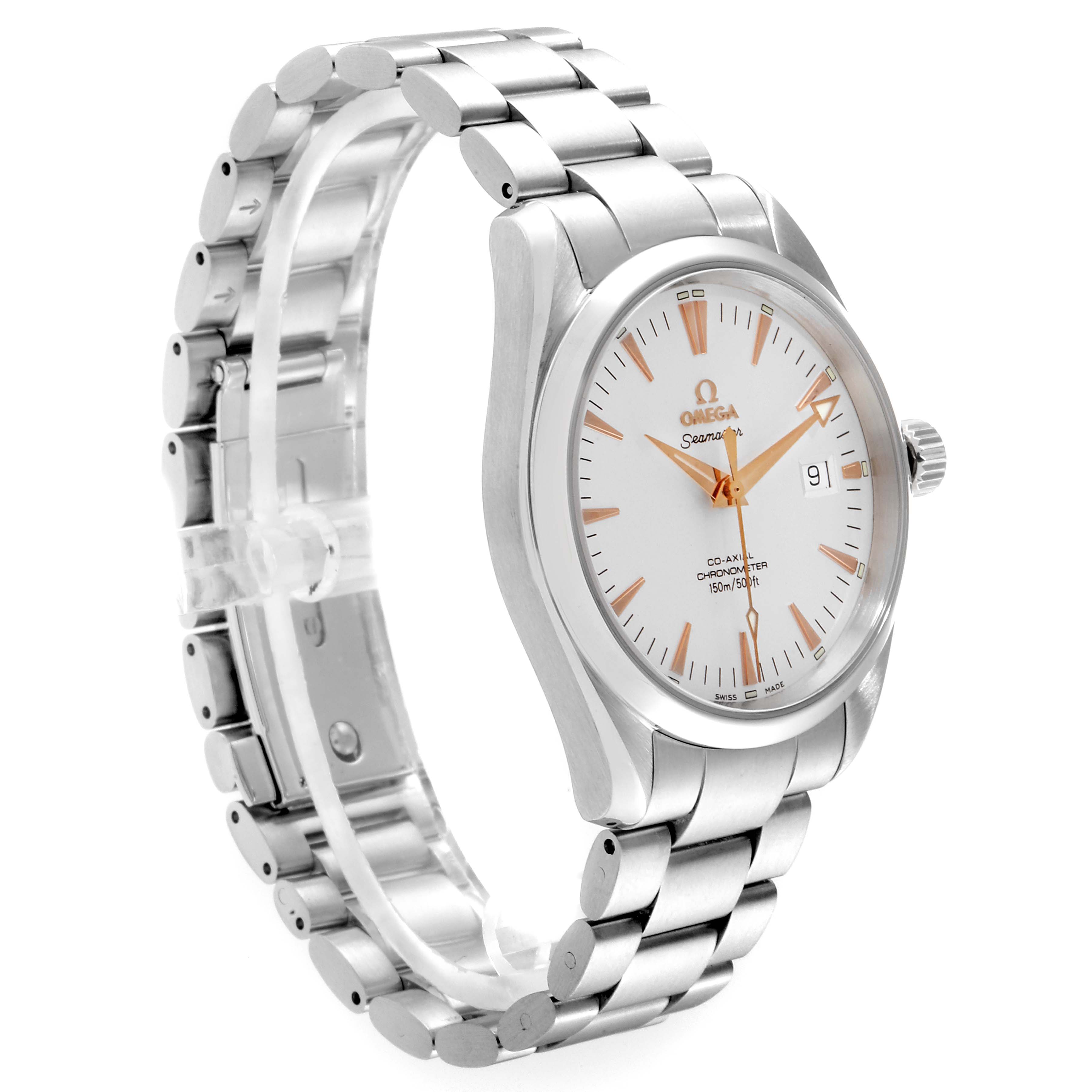 The image shows an Omega Seamaster 2503.34.00 Men
s Stainless Steel Silver Dial 2503.34.00 Men
s Stainless Steel Silver Dial watch at a three-quarter angle, highlighting its face, bezel, crown, and bracelet.