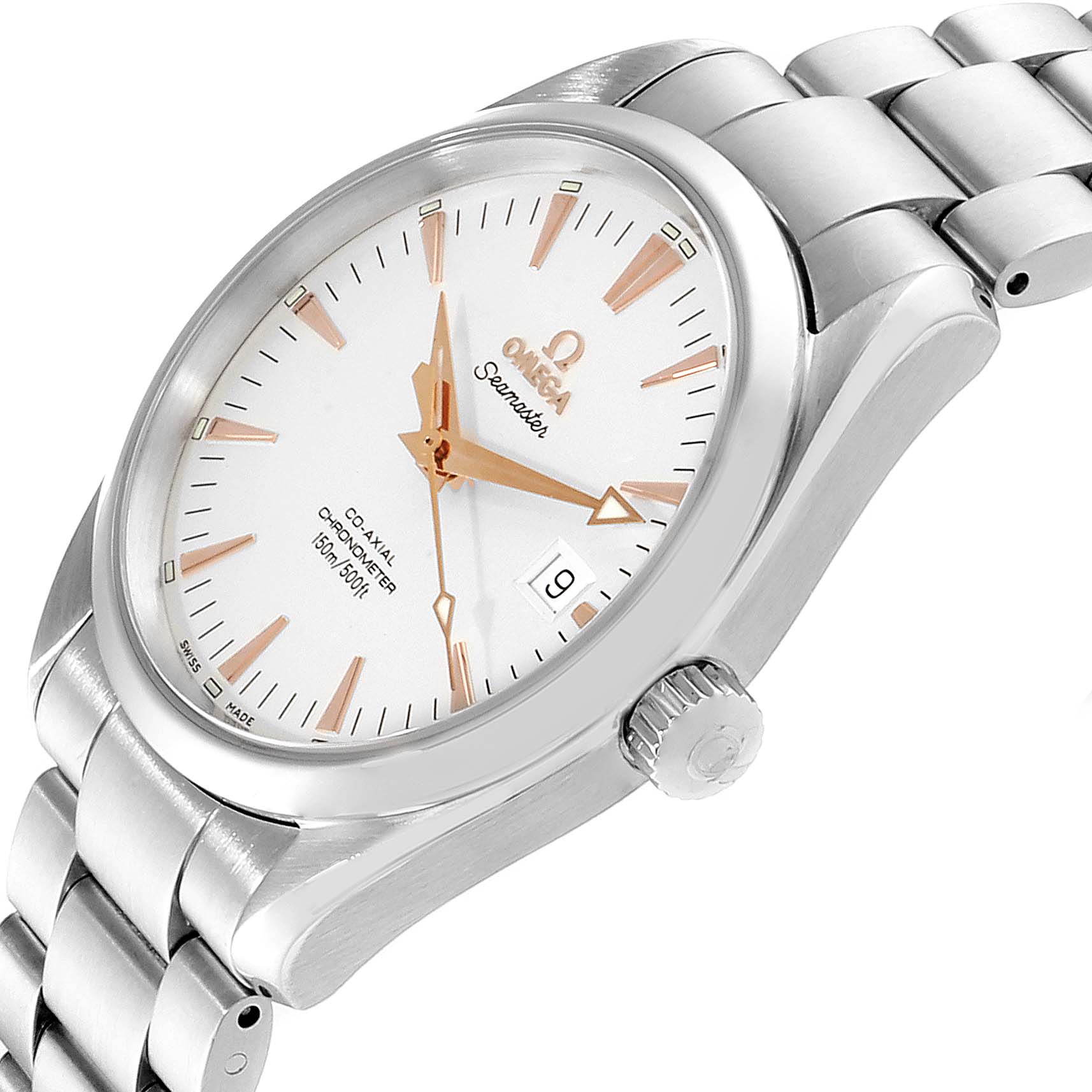 This image shows a right side view of the Omega Seamaster 2503.34.00 Men
s Stainless Steel Silver Dial 2503.34.00 Men
s Stainless Steel Silver Dial watch, highlighting the watch face, bezel, crown, and part of the bracelet.