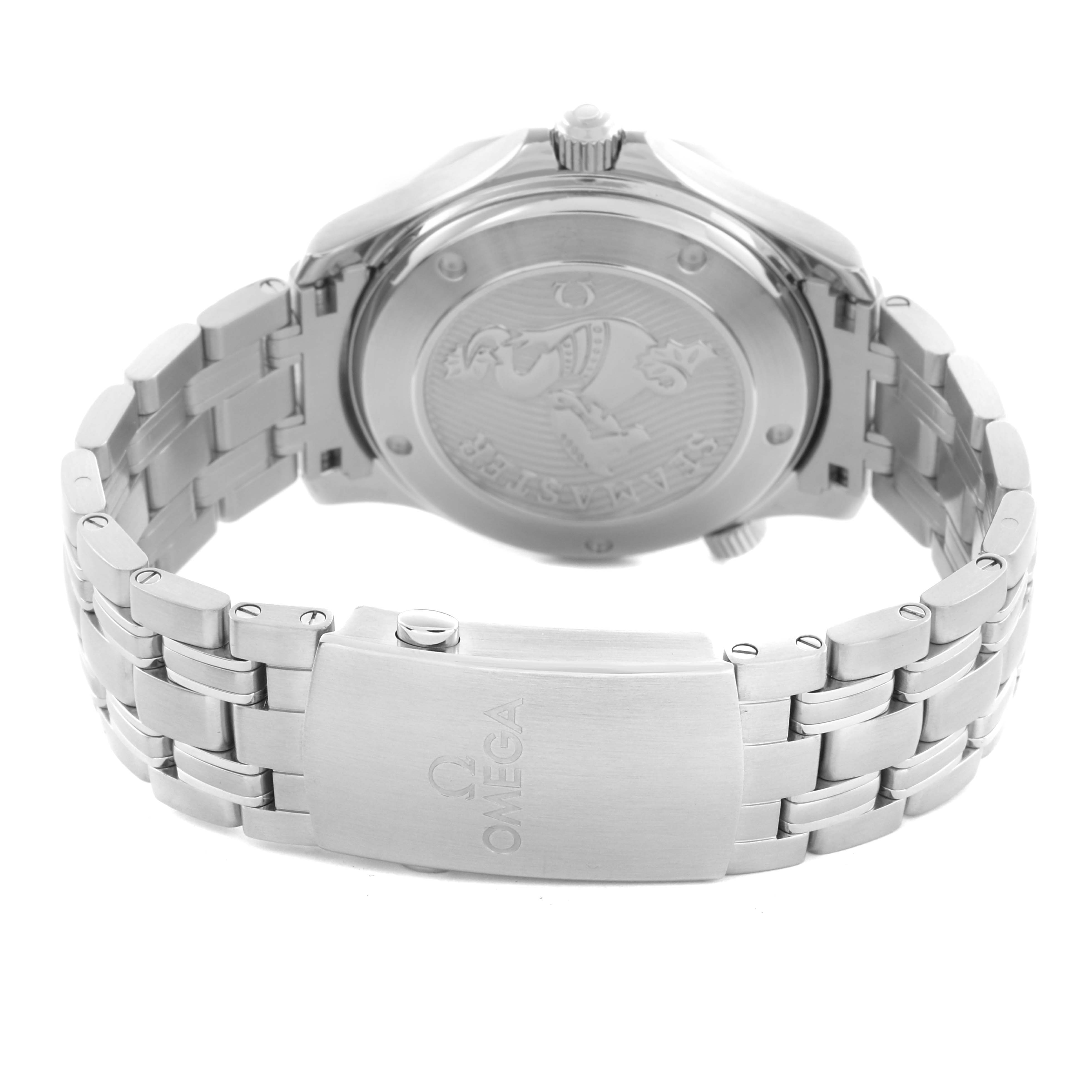 The Omega Seamaster 212.30.41.20.01.003 Men's Stainless Steel Black Dial 212.30.41.20.01.003 Men's Stainless Steel Black Dial watch is shown from the back, highlighting the case back, bracelet, and clasp.