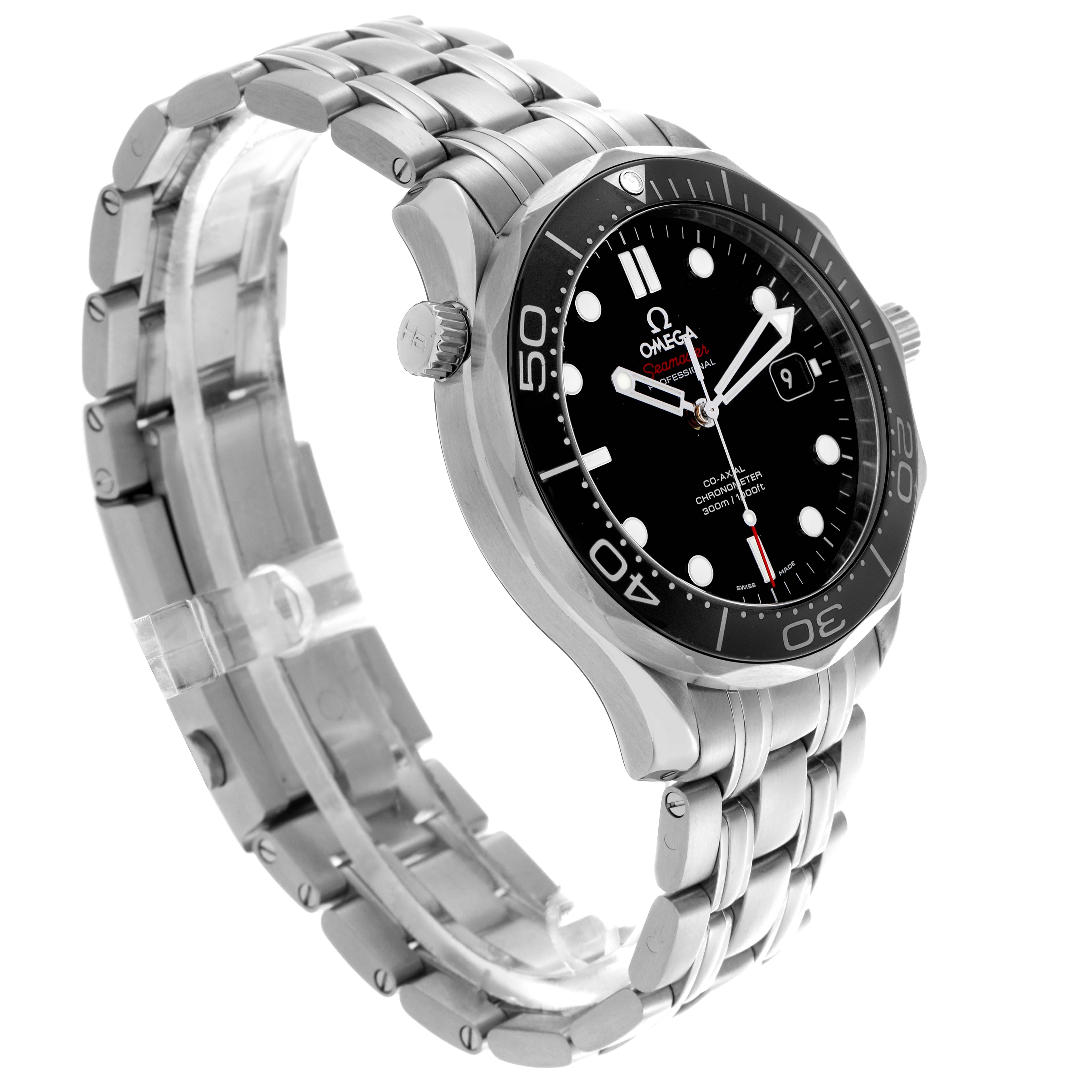 The Omega Seamaster 212.30.41.20.01.003 Men's Stainless Steel Black Dial 212.30.41.20.01.003 Men's Stainless Steel Black Dial watch is shown at a three-quarter angle, displaying the face, bezel, crown, and part of the bracelet.