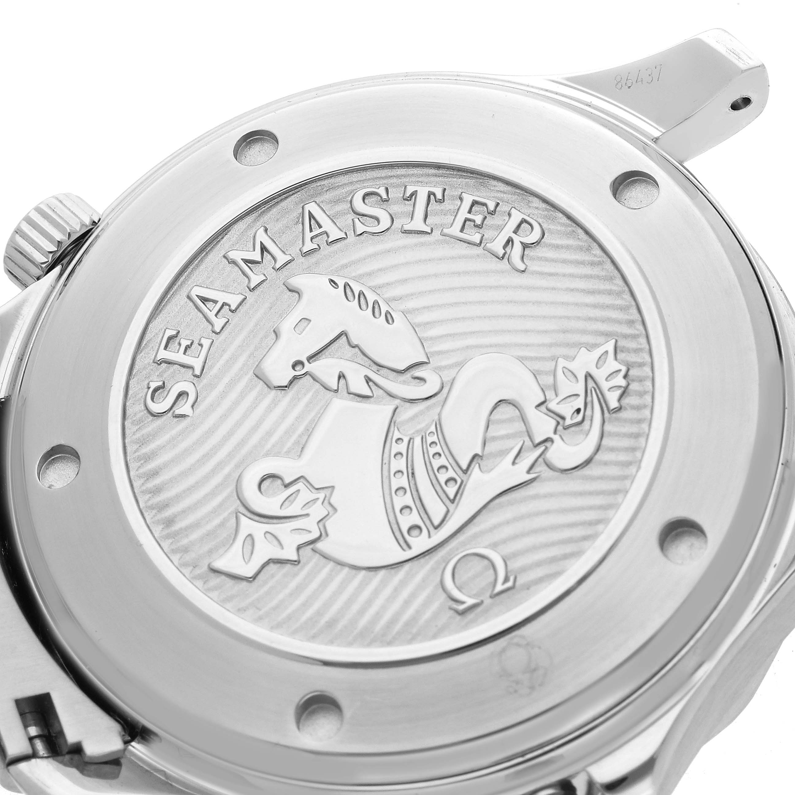 The image shows the back of the Omega Seamaster 212.30.41.20.01.003 Men's Stainless Steel Black Dial 212.30.41.20.01.003 Men's Stainless Steel Black Dial watch, featuring the engraved logo and design details.