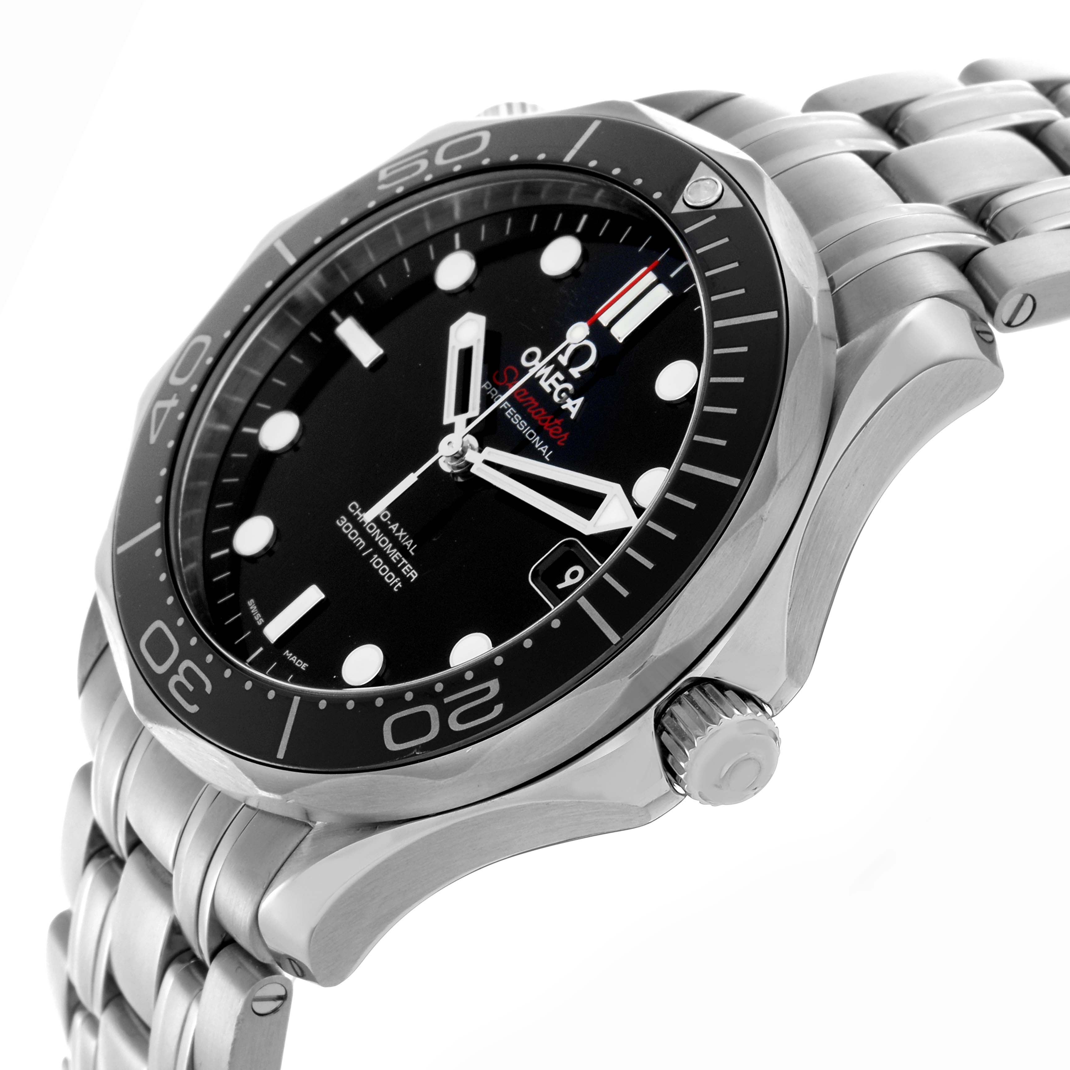 The Omega Seamaster 212.30.41.20.01.003 Men's Stainless Steel Black Dial 212.30.41.20.01.003 Men's Stainless Steel Black Dial watch is shown at an angled side view, highlighting the dial, bezel, crown, and bracelet.