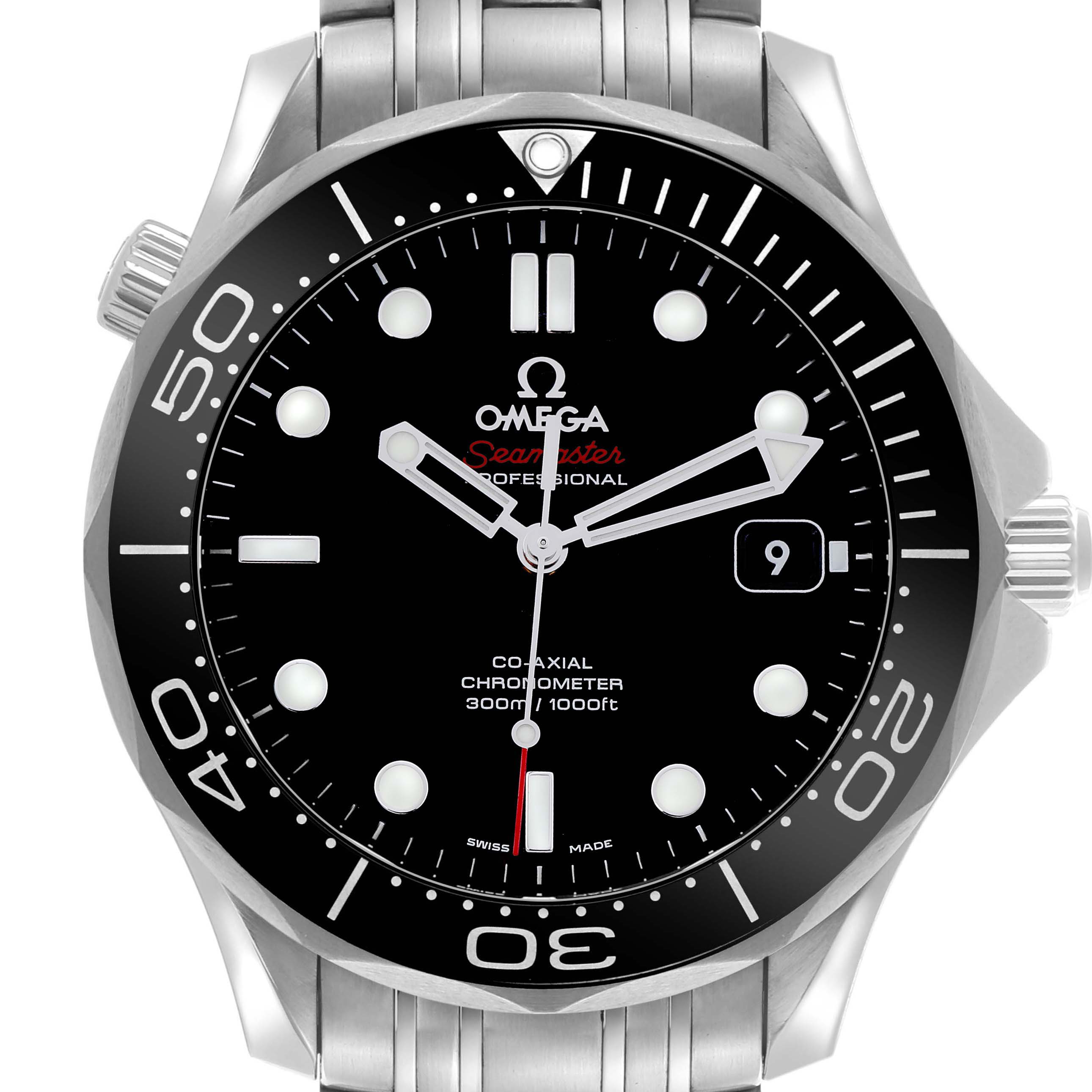 The image shows a front view of the Omega Seamaster 212.30.41.20.01.003 Men's Stainless Steel Black Dial 212.30.41.20.01.003 Men's Stainless Steel Black Dial watch, highlighting the dial, bezel, bracelet, and date window.