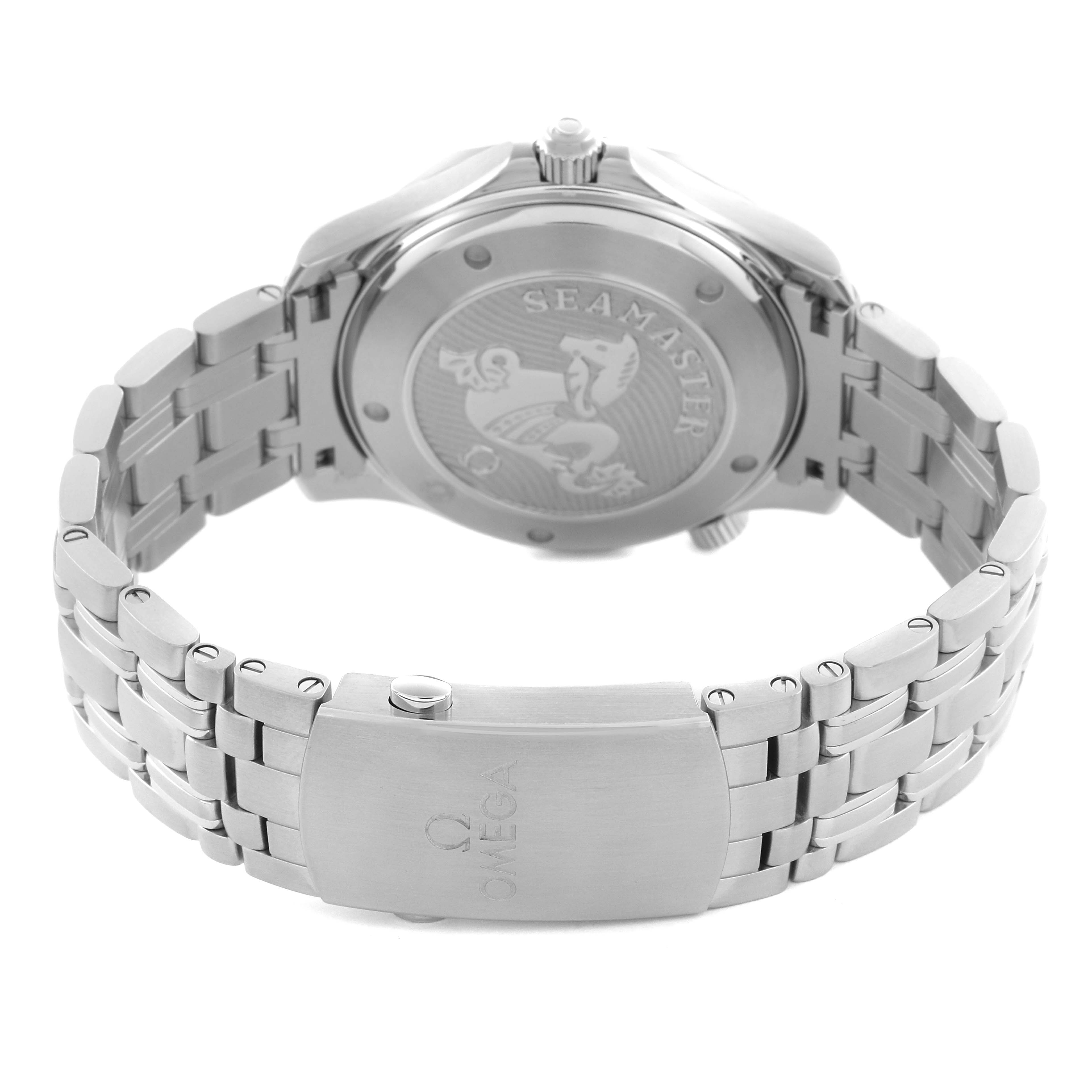 The Omega Seamaster 212.30.41.20.01.003 Men's Stainless Steel Black Dial 212.30.41.20.01.003 Men's Stainless Steel Black Dial watch is shown from the back, displaying the case back design and metal bracelet with the clasp.