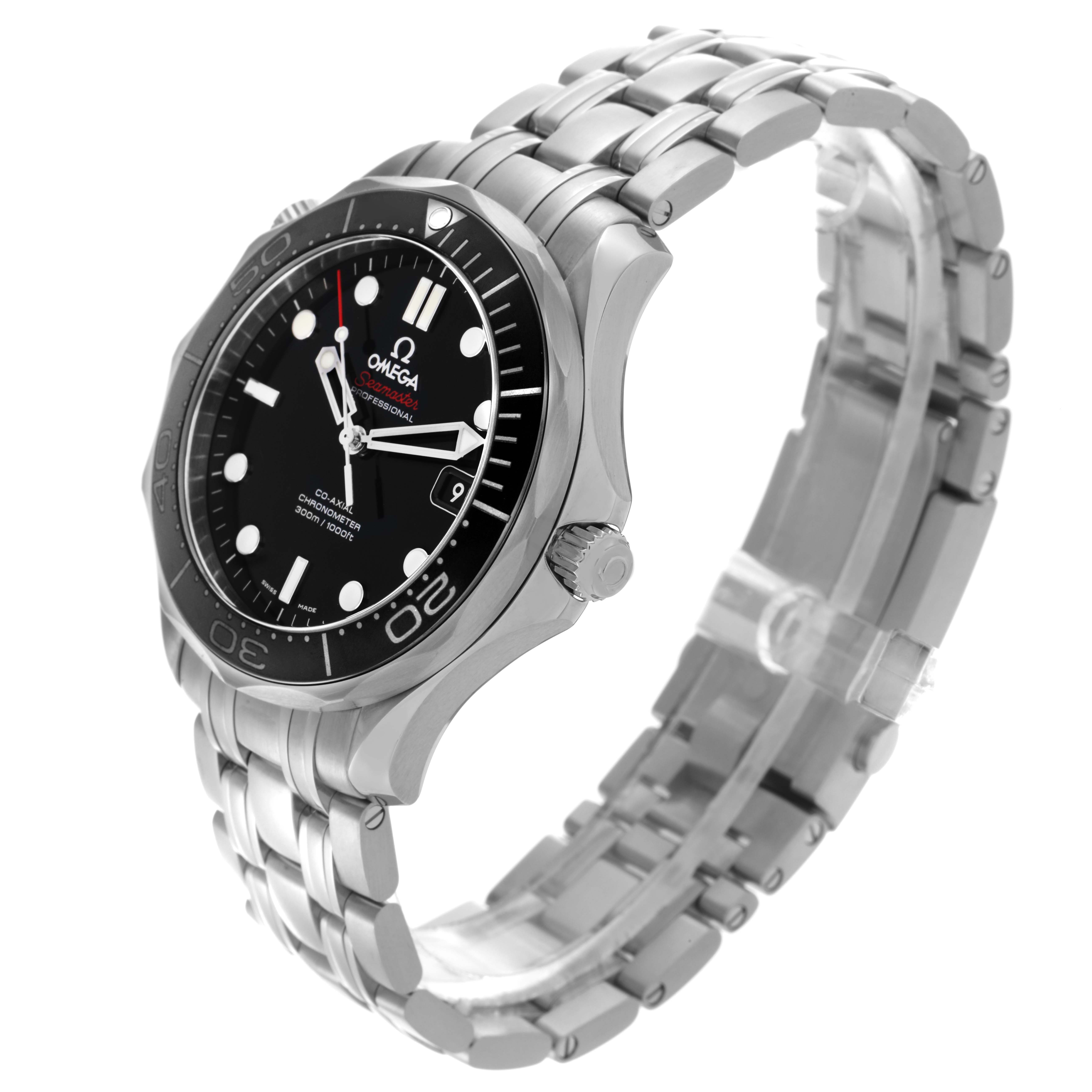 The Omega Seamaster 212.30.41.20.01.003 Men's Stainless Steel Black Dial 212.30.41.20.01.003 Men's Stainless Steel Black Dial is shown from a front-side angle, highlighting its dial, bezel, case, and metal bracelet.