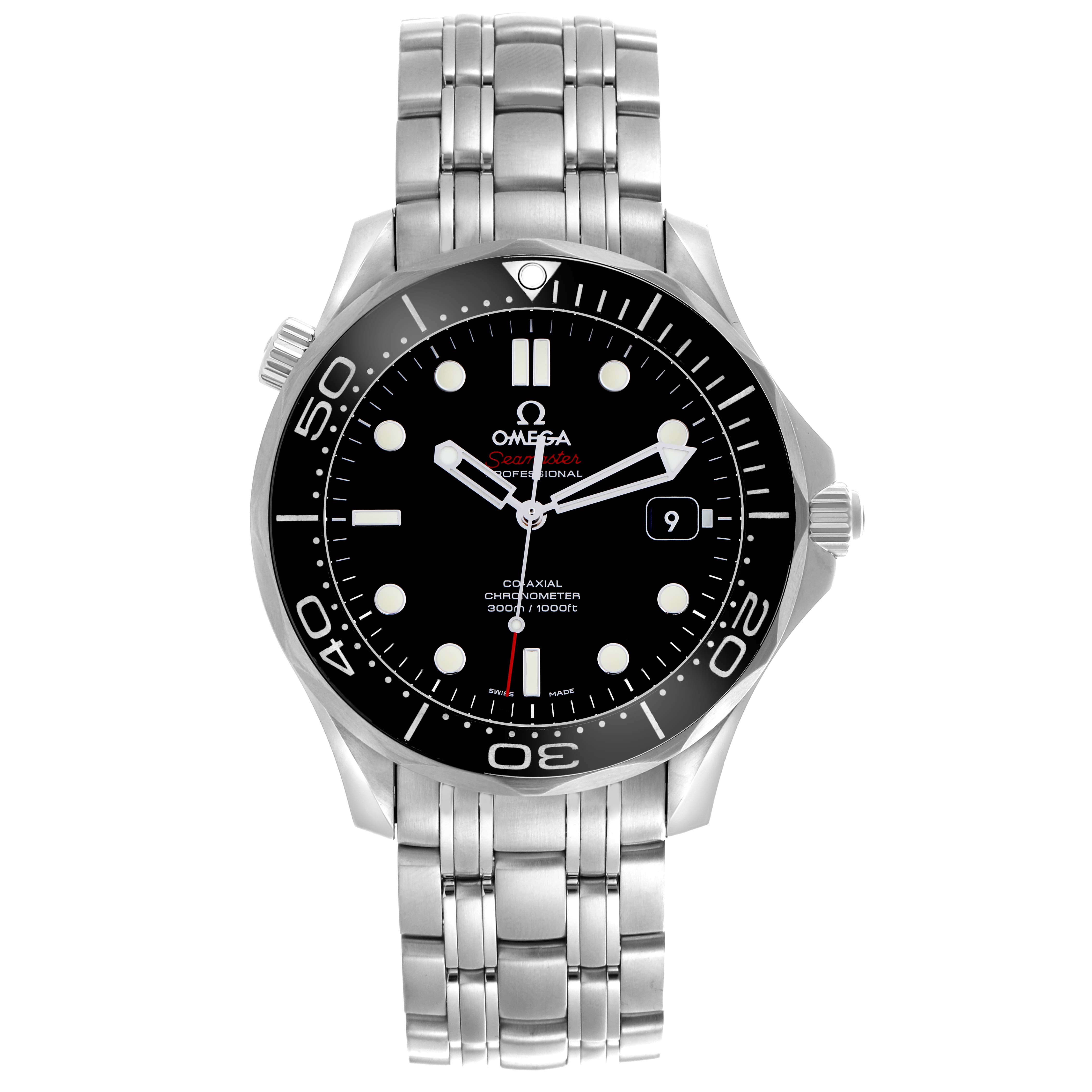 The Omega Seamaster 212.30.41.20.01.003 Men's Stainless Steel Black Dial 212.30.41.20.01.003 Men's Stainless Steel Black Dial watch is shown from a front view, highlighting the dial, bezel, and bracelet.