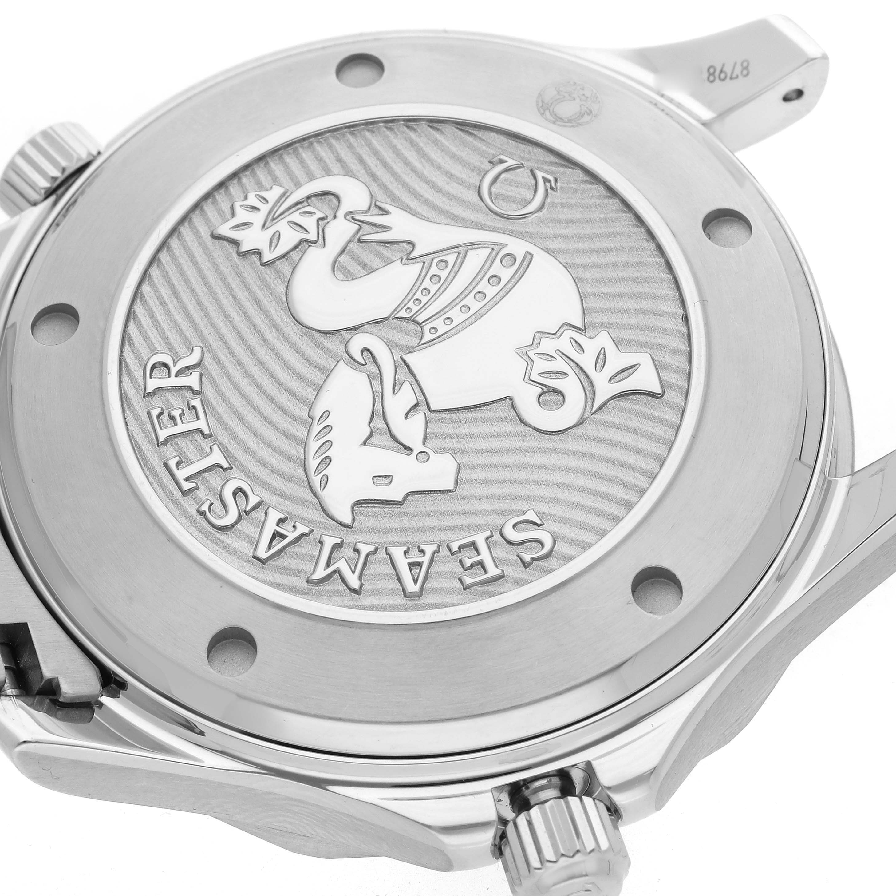 The image shows the case back of the Omega Seamaster 212.30.41.20.01.003 Men's Stainless Steel Black Dial 212.30.41.20.01.003 Men's Stainless Steel Black Dial, highlighting the embossed logo and engravings.