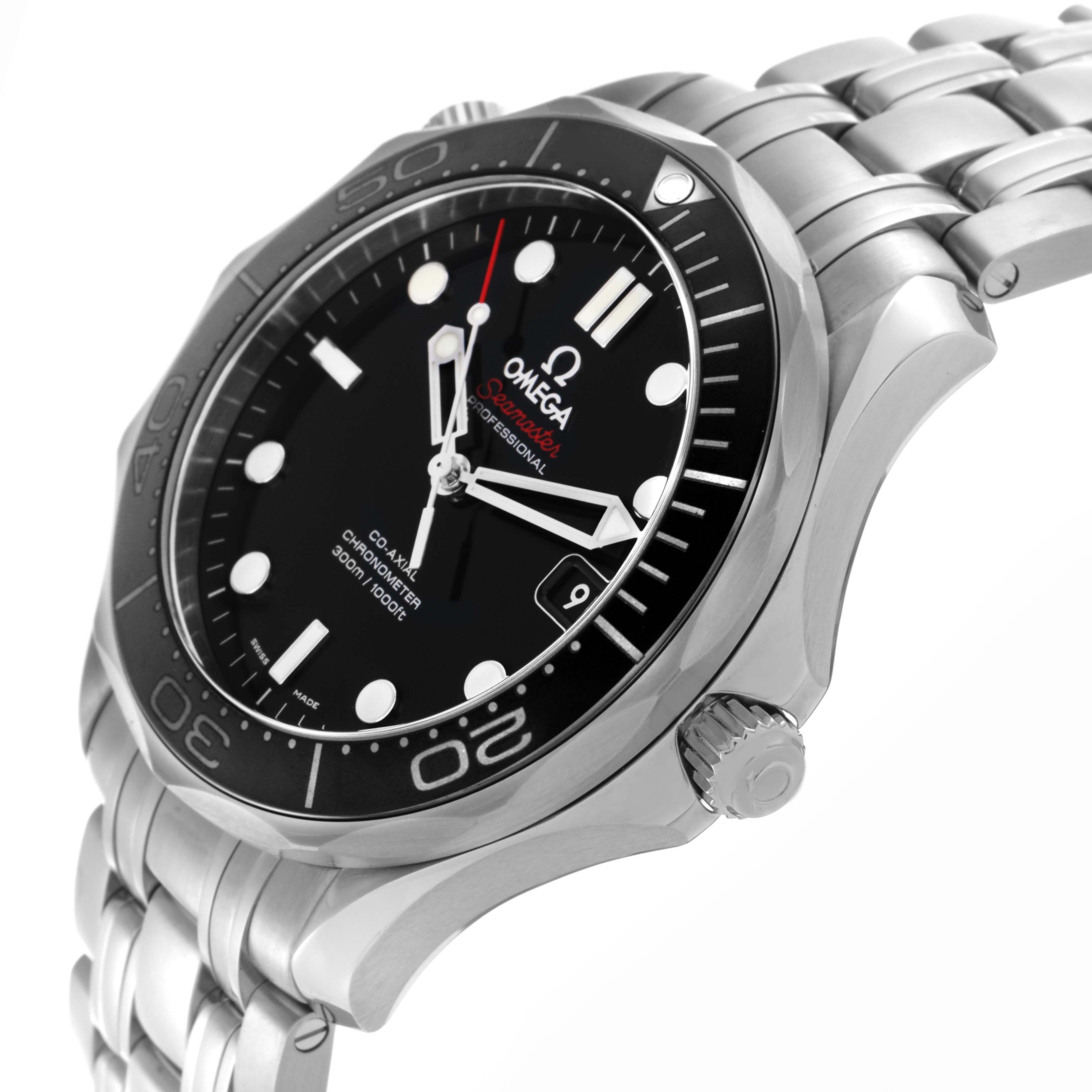 The Omega Seamaster 212.30.41.20.01.003 Men's Stainless Steel Black Dial 212.30.41.20.01.003 Men's Stainless Steel Black Dial watch is shown from a high-angle side view, displaying the face, bezel, crown, and part of the metal bracelet.