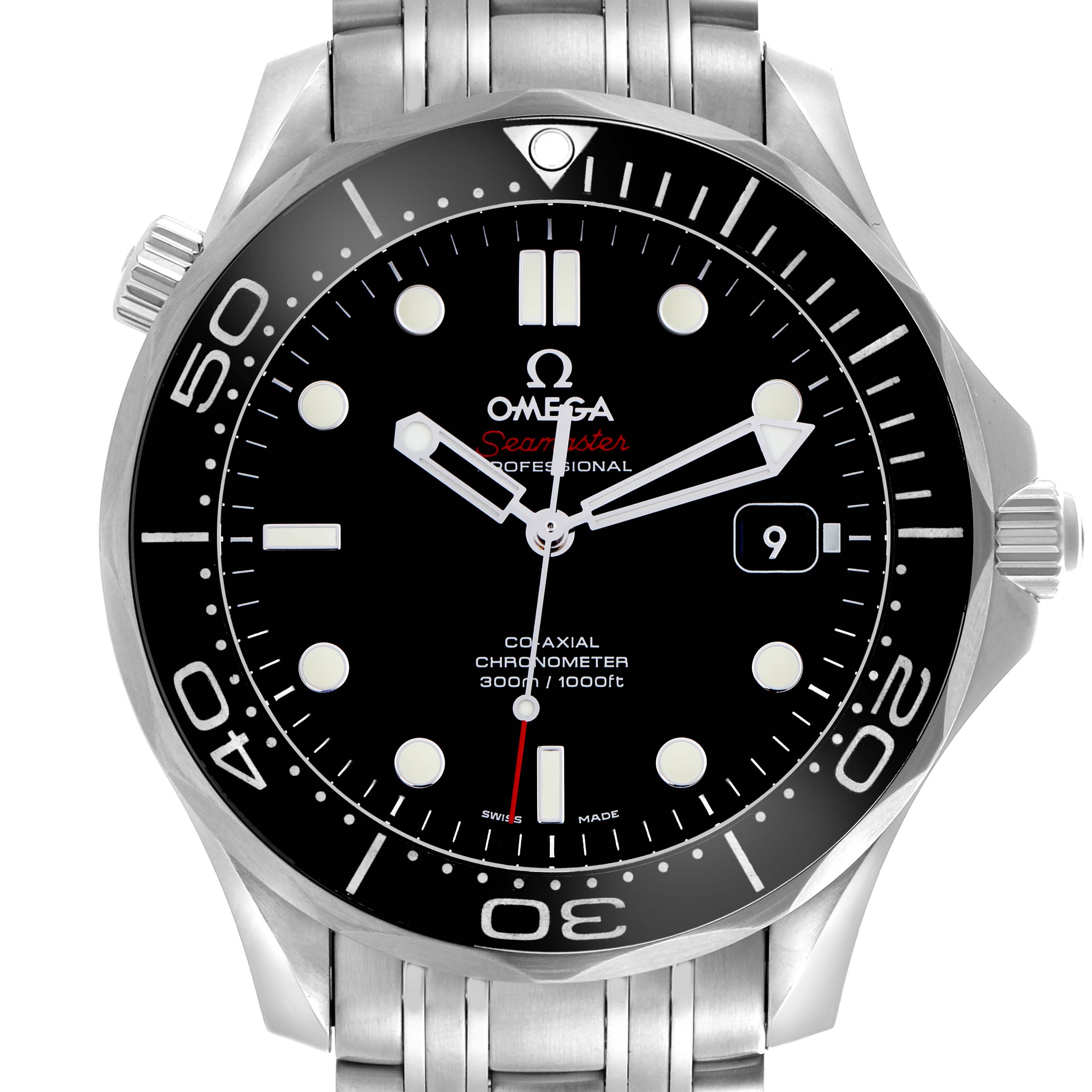 The Omega Seamaster 212.30.41.20.01.003 Men's Stainless Steel Black Dial 212.30.41.20.01.003 Men's Stainless Steel Black Dial is shown from the front, displaying the bezel, crown, dial, and bracelet.