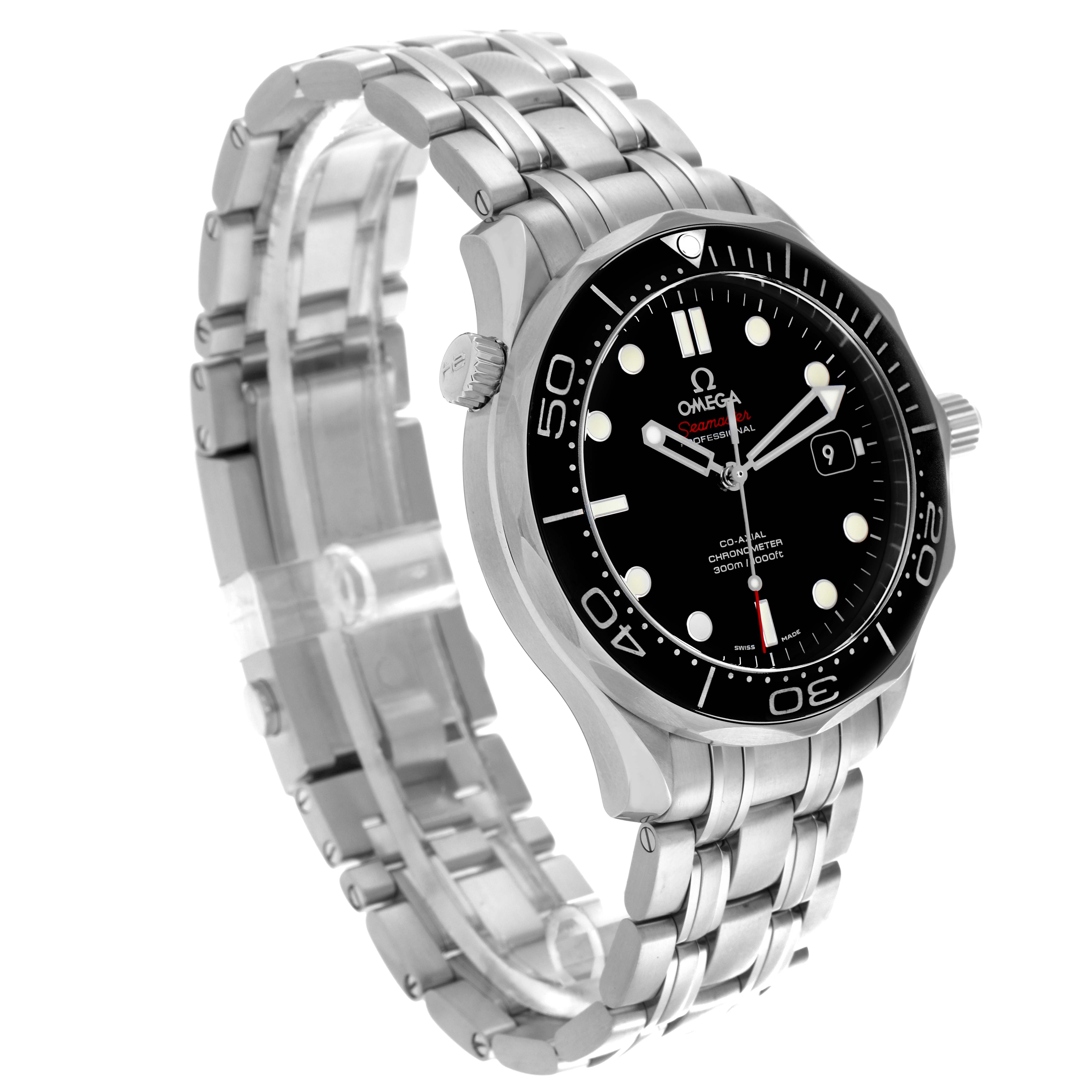 The image shows an Omega Seamaster 212.30.41.20.01.003 Men's Stainless Steel Black Dial 212.30.41.20.01.003 Men's Stainless Steel Black Dial watch at a three-quarter angle, highlighting the face, bezel, and stainless steel bracelet.