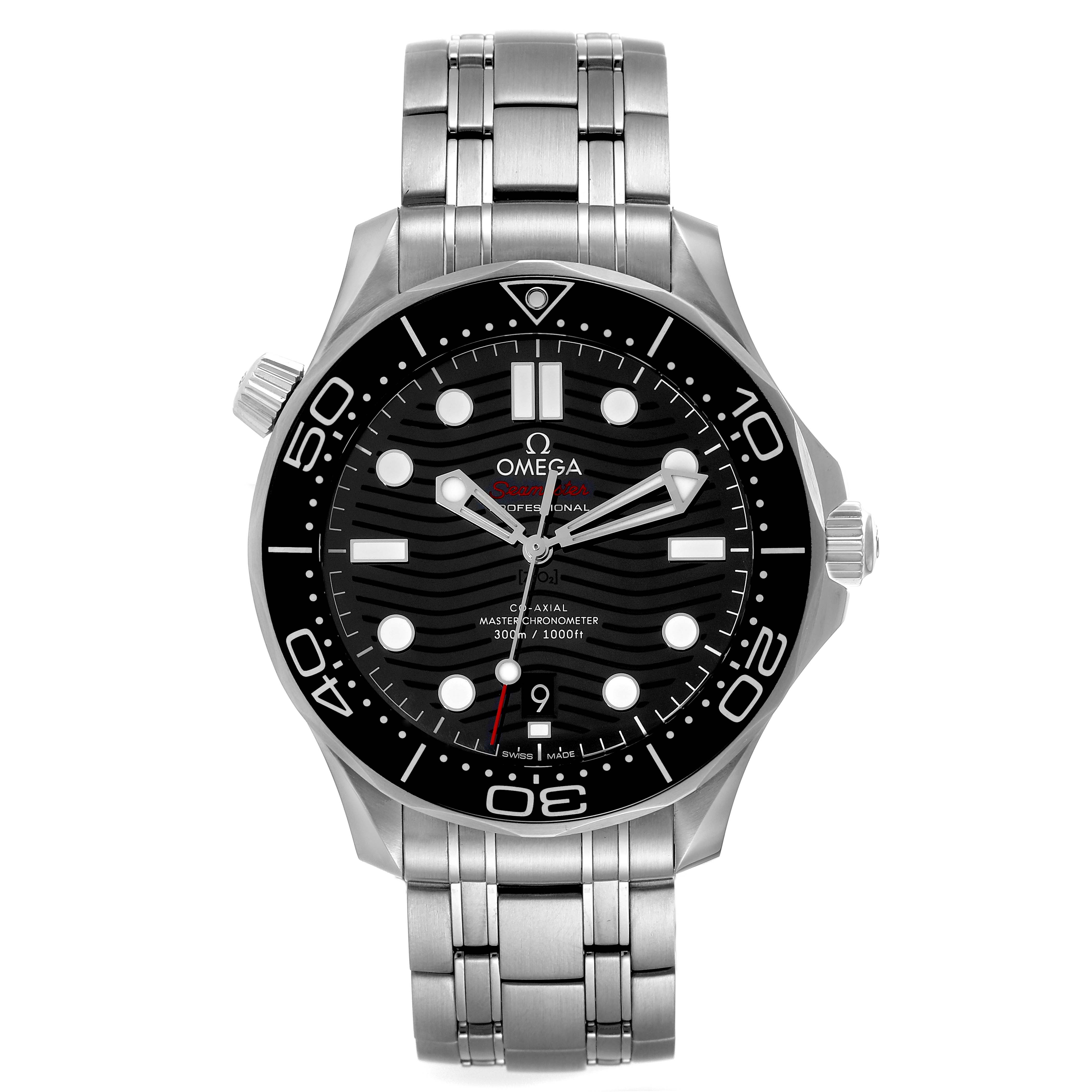 The image shows a front view of an Omega Seamaster 210.30.42.20.01.001 Men's Stainless Steel Black Dial 210.30.42.20.01.001 Men's Stainless Steel Black Dial watch, featuring a stainless steel bracelet and a black dial.
