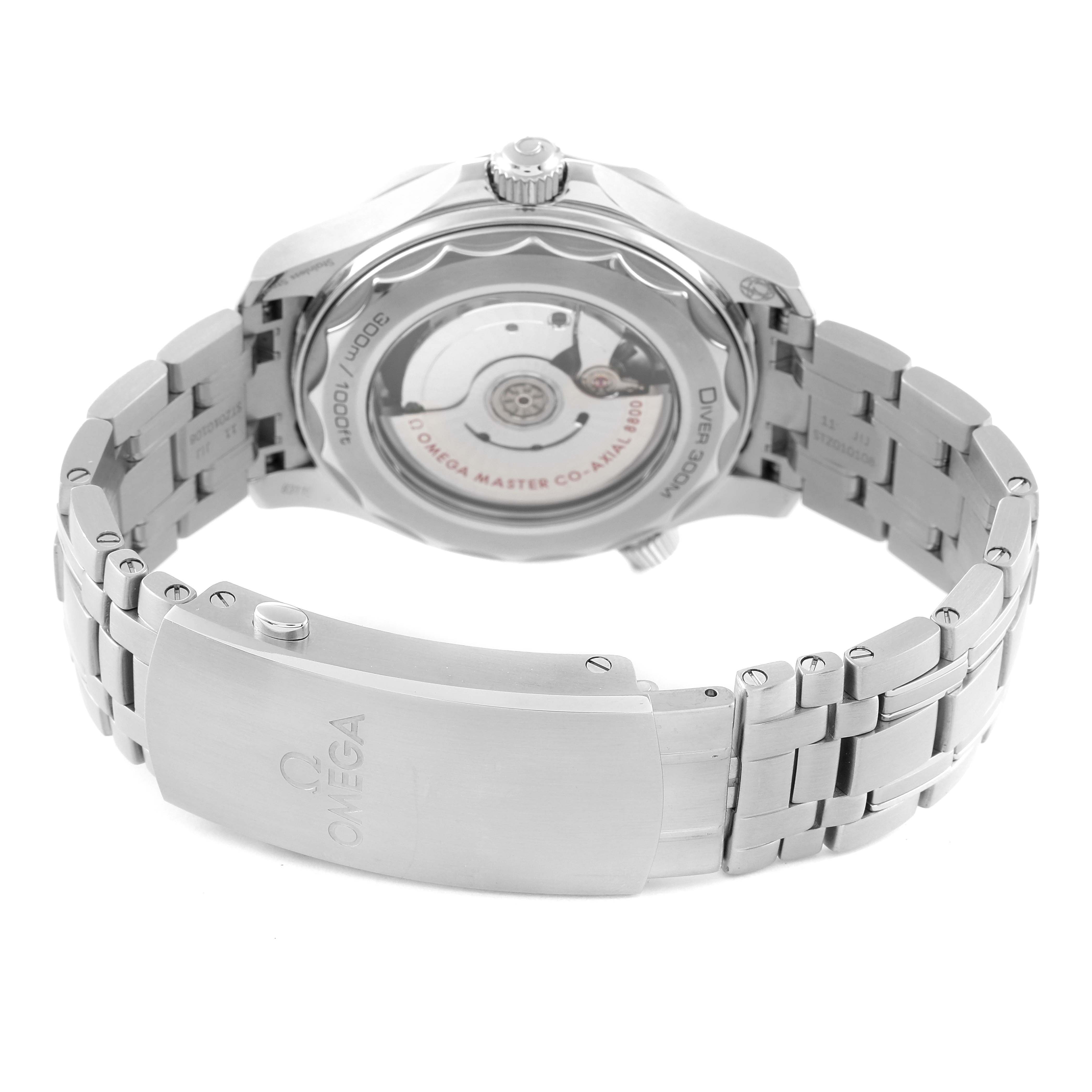 The image shows the back view of an Omega Seamaster 210.30.42.20.01.001 Men's Stainless Steel Black Dial 210.30.42.20.01.001 Men's Stainless Steel Black Dial watch, highlighting the clasp, bracelet, and case back with visible inner mechanism.