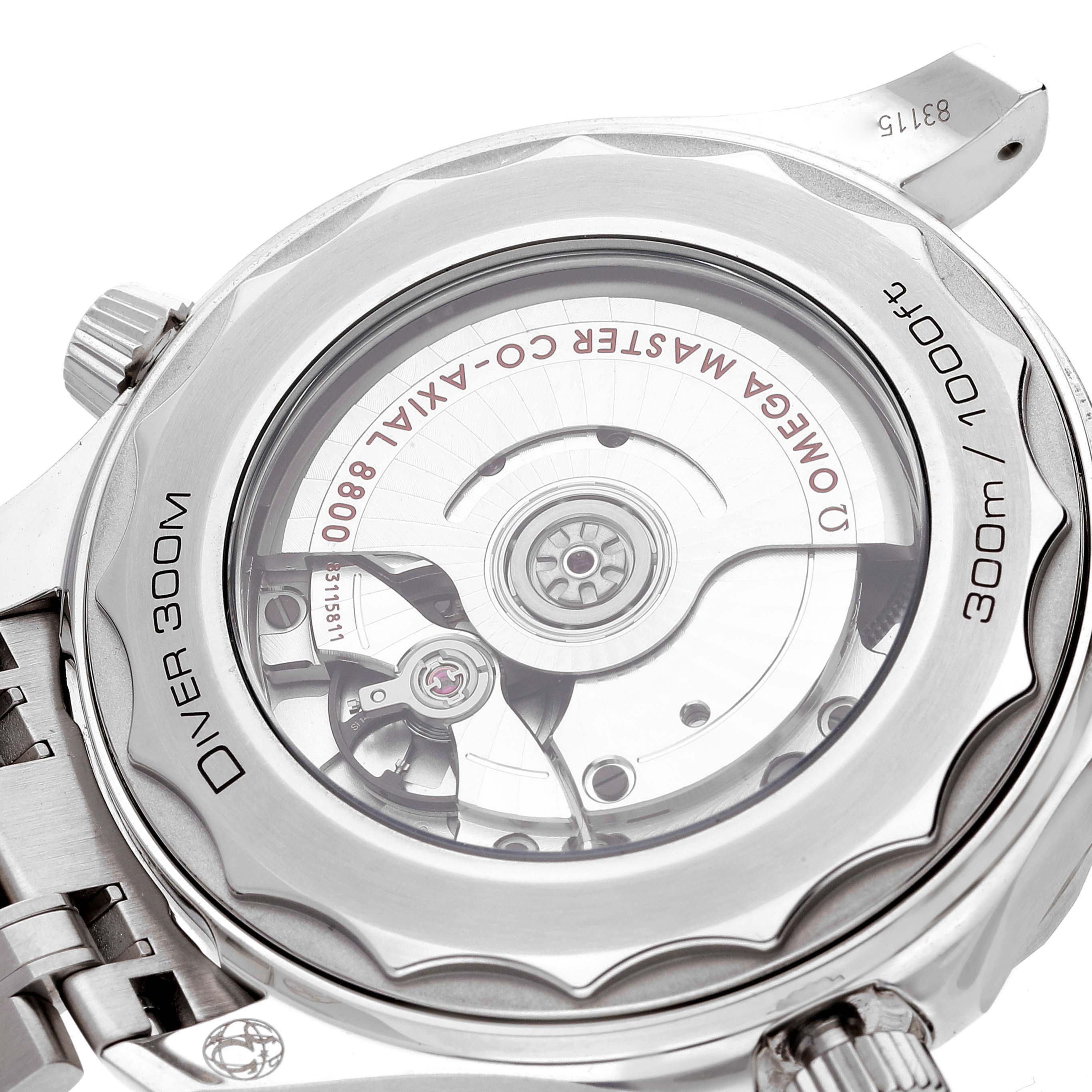 The image shows the back view of an Omega Seamaster 210.30.42.20.01.001 Men's Stainless Steel Black Dial 210.30.42.20.01.001 Men's Stainless Steel Black Dial model, revealing the exposed movement mechanism and engraved details.