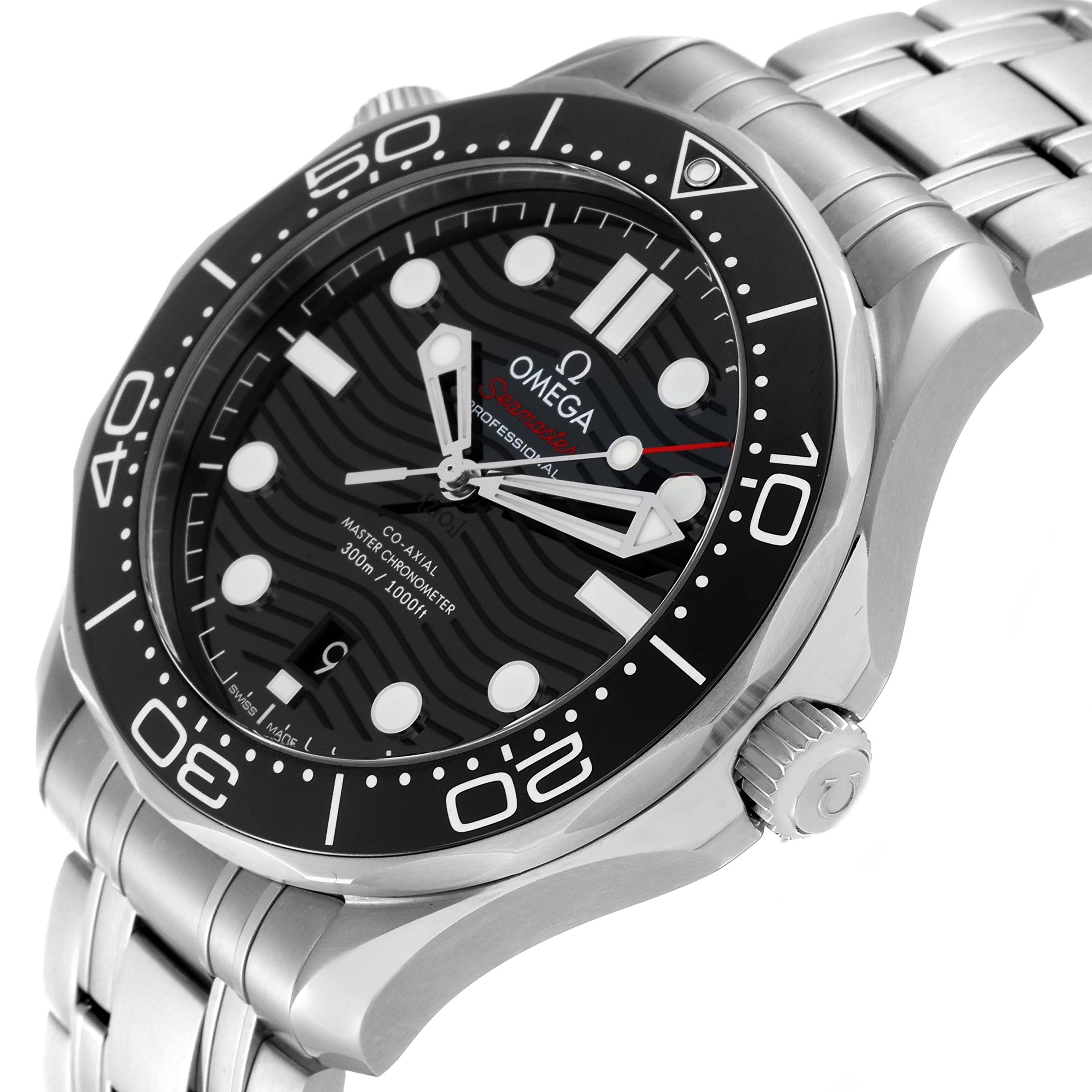 The image shows a close-up angle of the dial, bezel, and part of the bracelet of the Omega Seamaster 210.30.42.20.01.001 Men's Stainless Steel Black Dial 210.30.42.20.01.001 Men's Stainless Steel Black Dial watch.