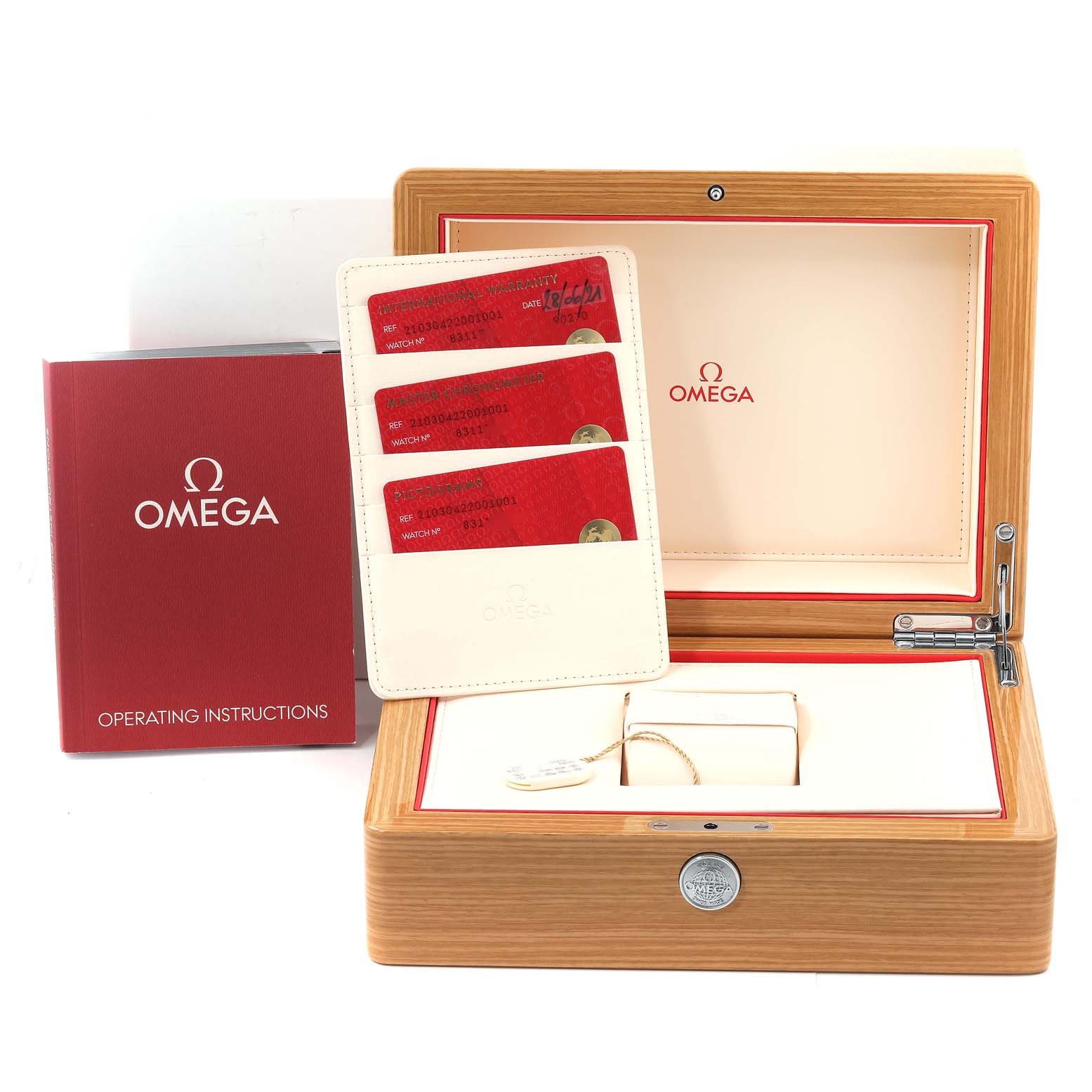 This image shows the Omega Seamaster 210.30.42.20.01.001 Men's Stainless Steel Black Dial 210.30.42.20.01.001 Men's Stainless Steel Black Dial watch box, operating instructions, warranty cards, and cardholder.