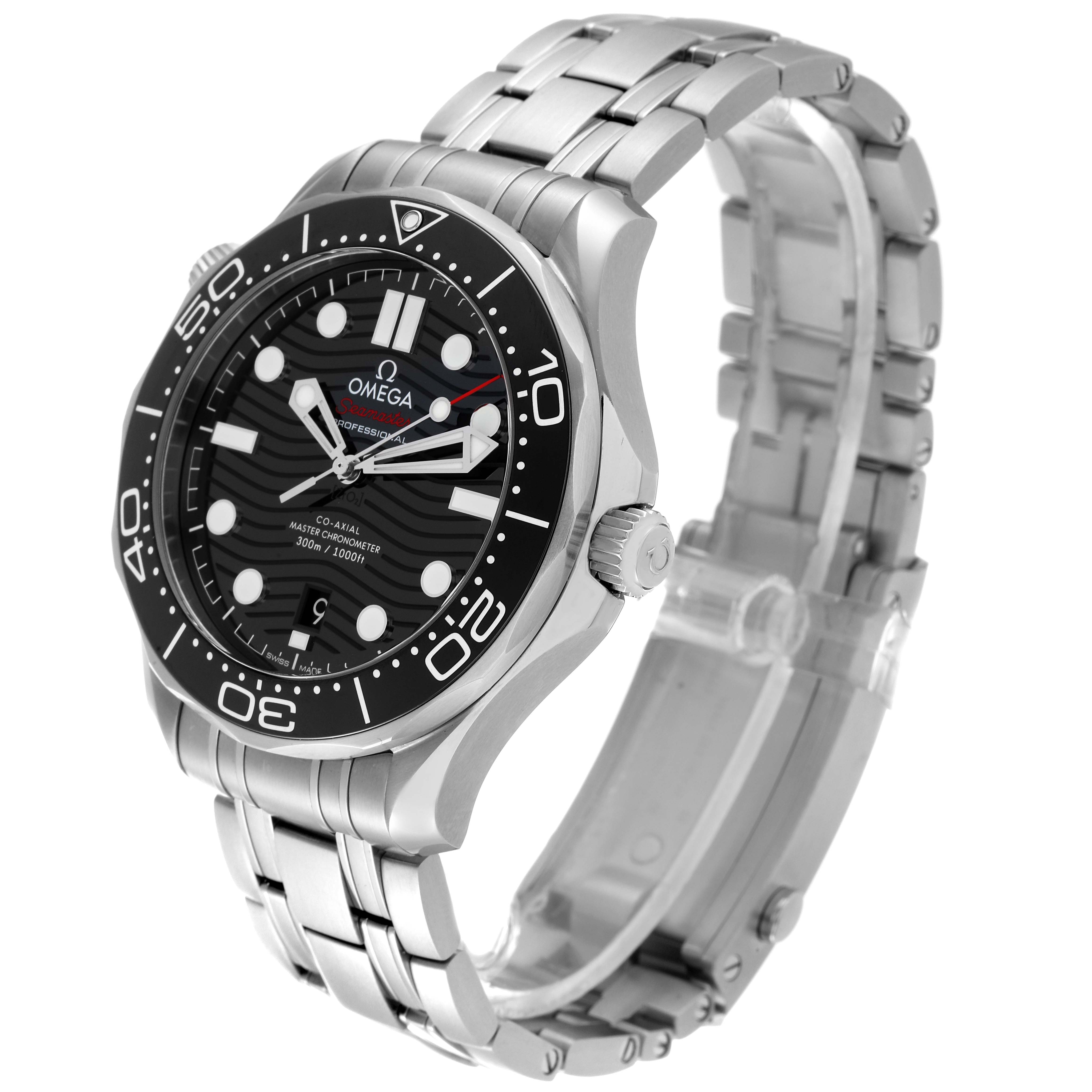 The Omega Seamaster 210.30.42.20.01.001 Men's Stainless Steel Black Dial 210.30.42.20.01.001 Men's Stainless Steel Black Dial watch is shown at an angle, highlighting the face, bezel, and stainless steel bracelet.