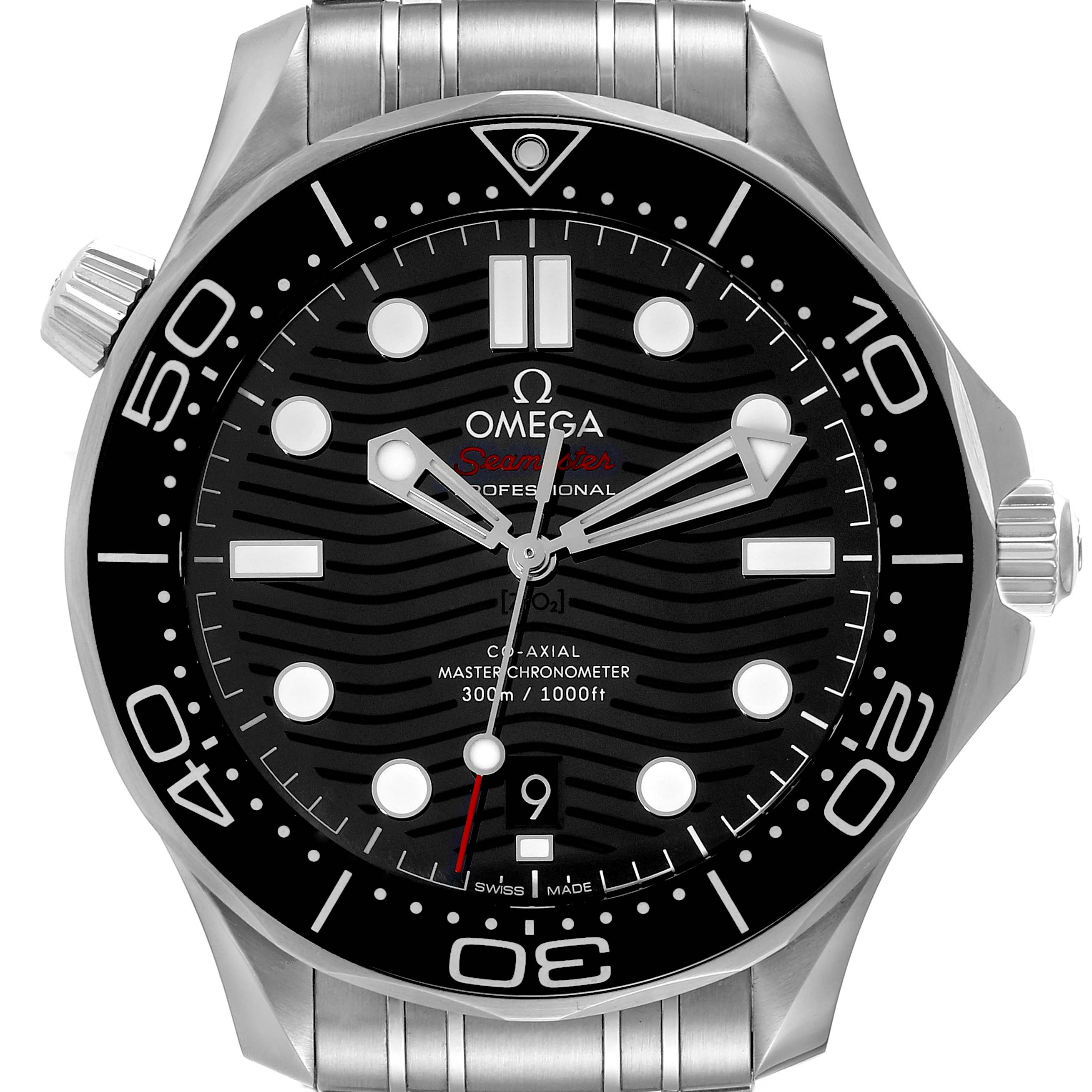 The image shows the front view of the Omega Seamaster 210.30.42.20.01.001 Men's Stainless Steel Black Dial 210.30.42.20.01.001 Men's Stainless Steel Black Dial watch, highlighting its dial, bezel, hands, and markers.