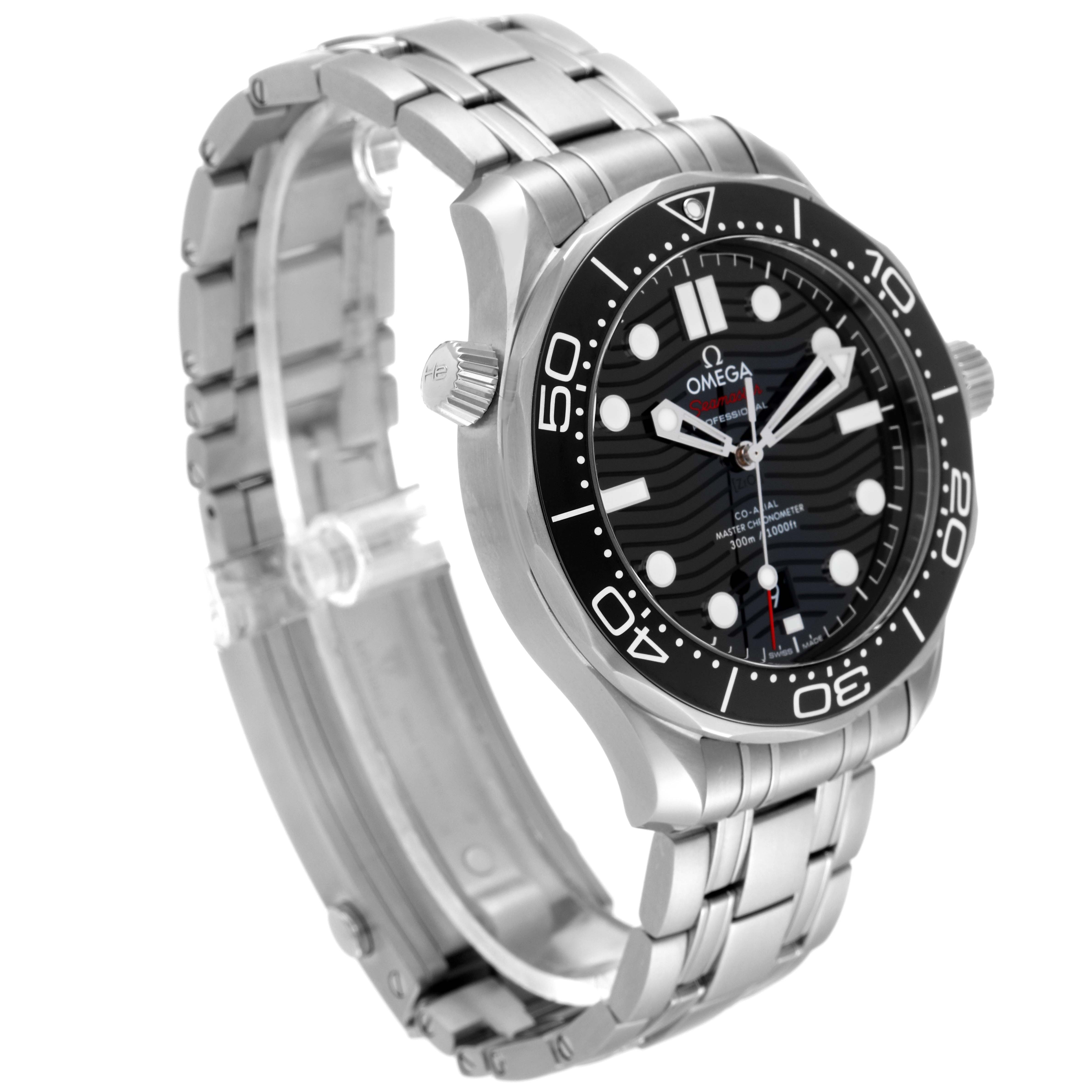 The image shows an angled view of an Omega Seamaster 210.30.42.20.01.001 Men's Stainless Steel Black Dial 210.30.42.20.01.001 Men's Stainless Steel Black Dial watch, highlighting its stainless steel bracelet, bezel, and dial.