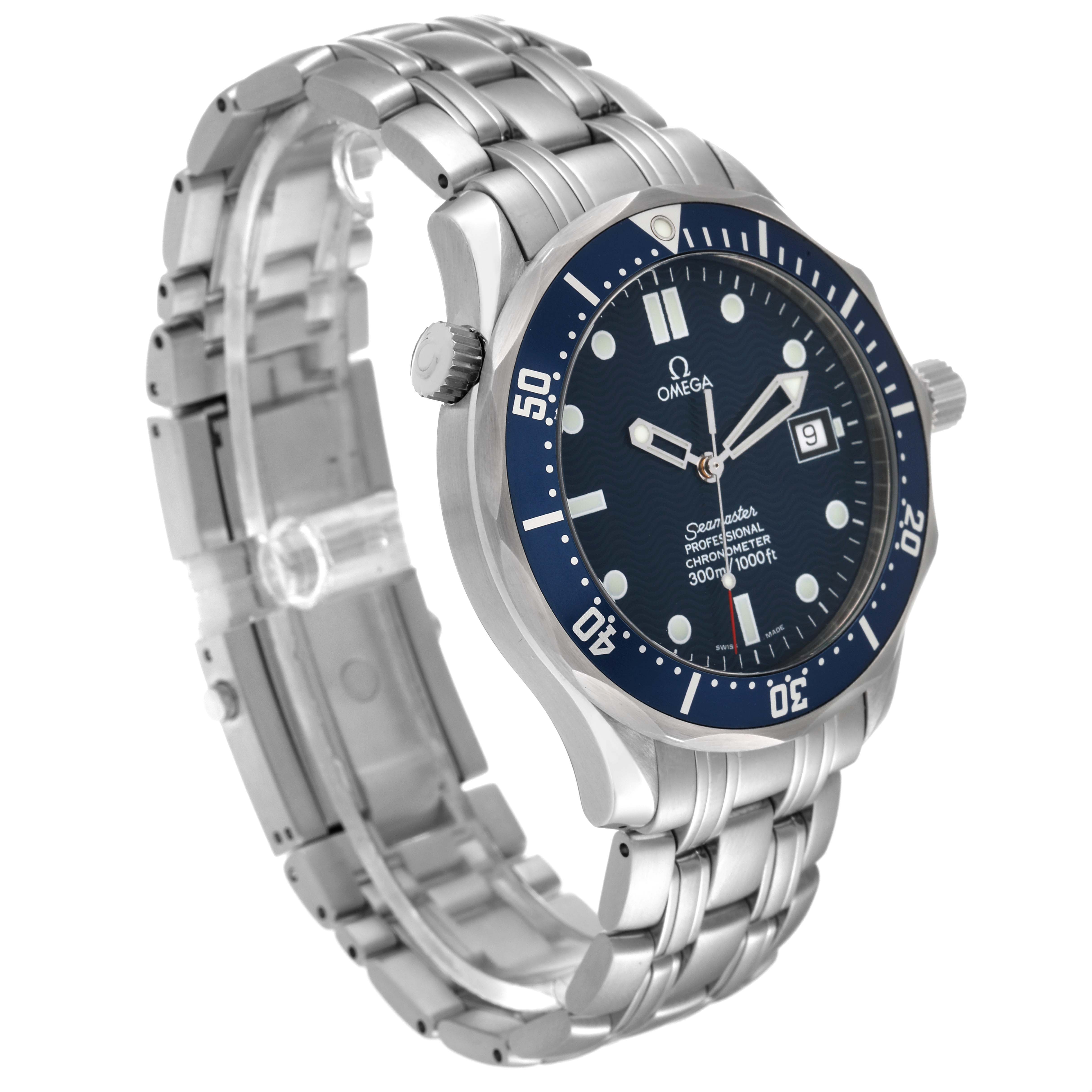 The image shows an angled view of the Omega Seamaster 2531.80.00 Men's Stainless Steel Blue Dial 2531.80.00 Men's Stainless Steel Blue Dial watch displaying its face, bezel, and bracelet.