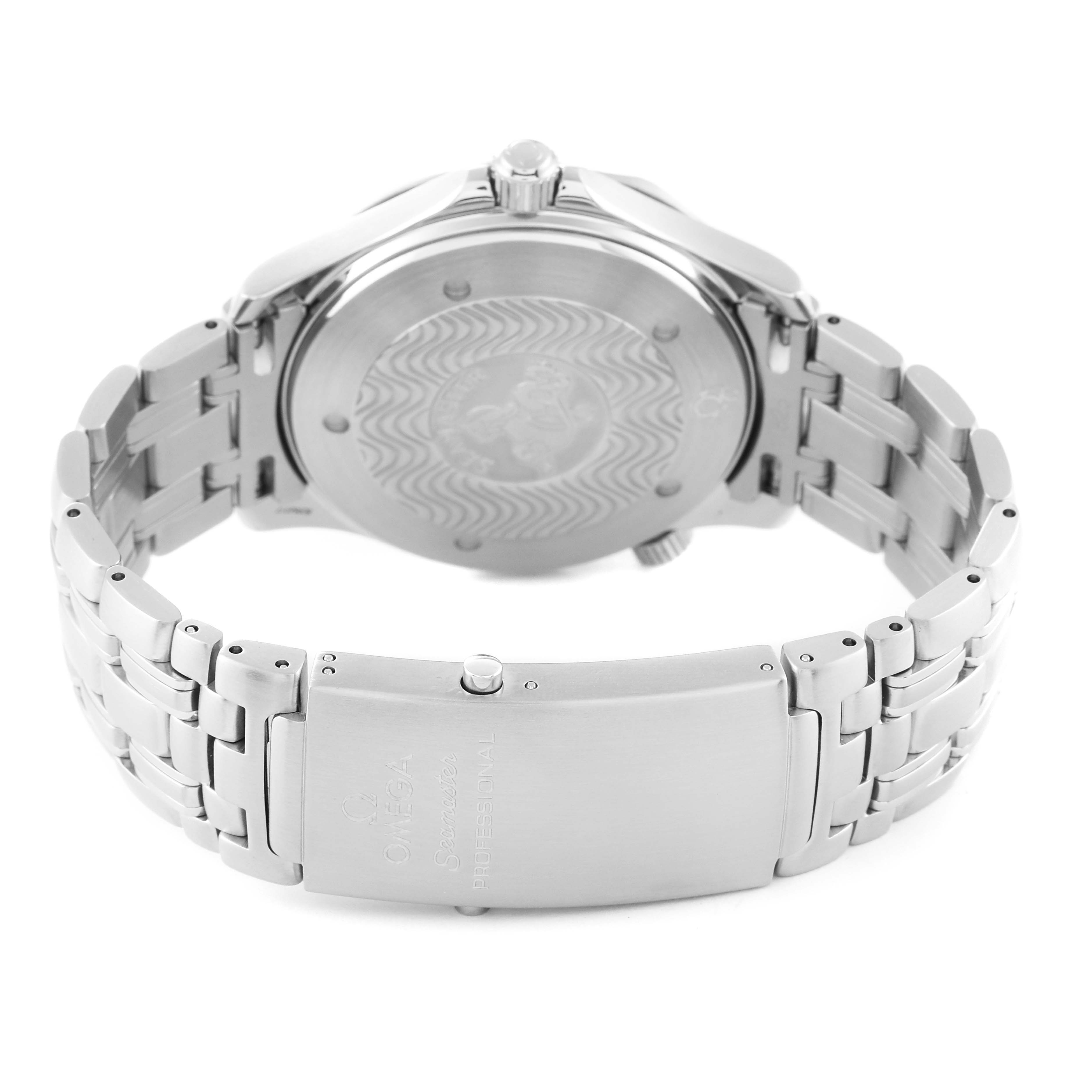 The image shows the back and bracelet of the Omega Seamaster 2531.80.00 Men's Stainless Steel Blue Dial 2531.80.00 Men's Stainless Steel Blue Dial watch, including the clasp and closed case back.