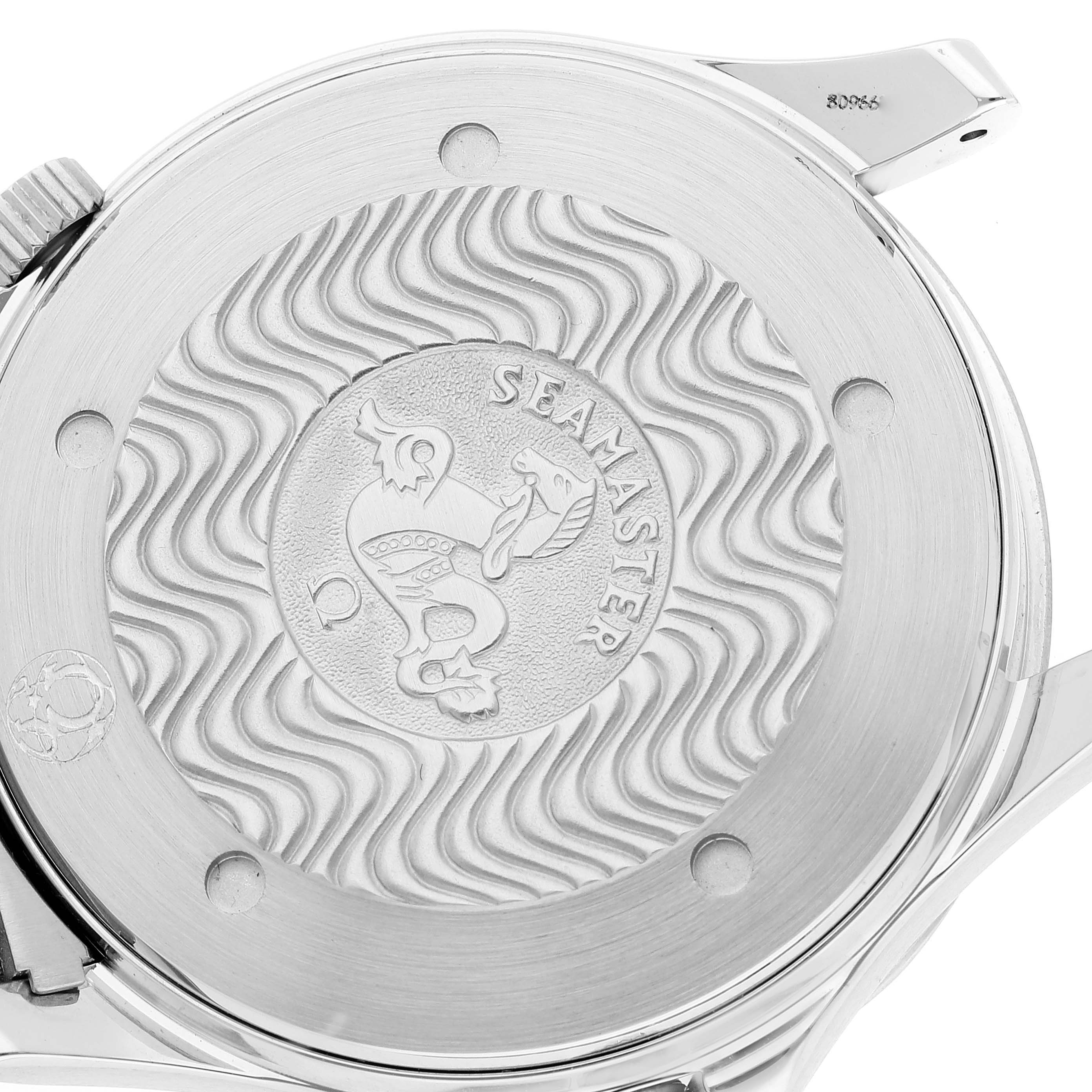 The image shows the case back of an Omega Seamaster 2531.80.00 Men's Stainless Steel Blue Dial 2531.80.00 Men's Stainless Steel Blue Dial, featuring an embossed logo with wave patterns.