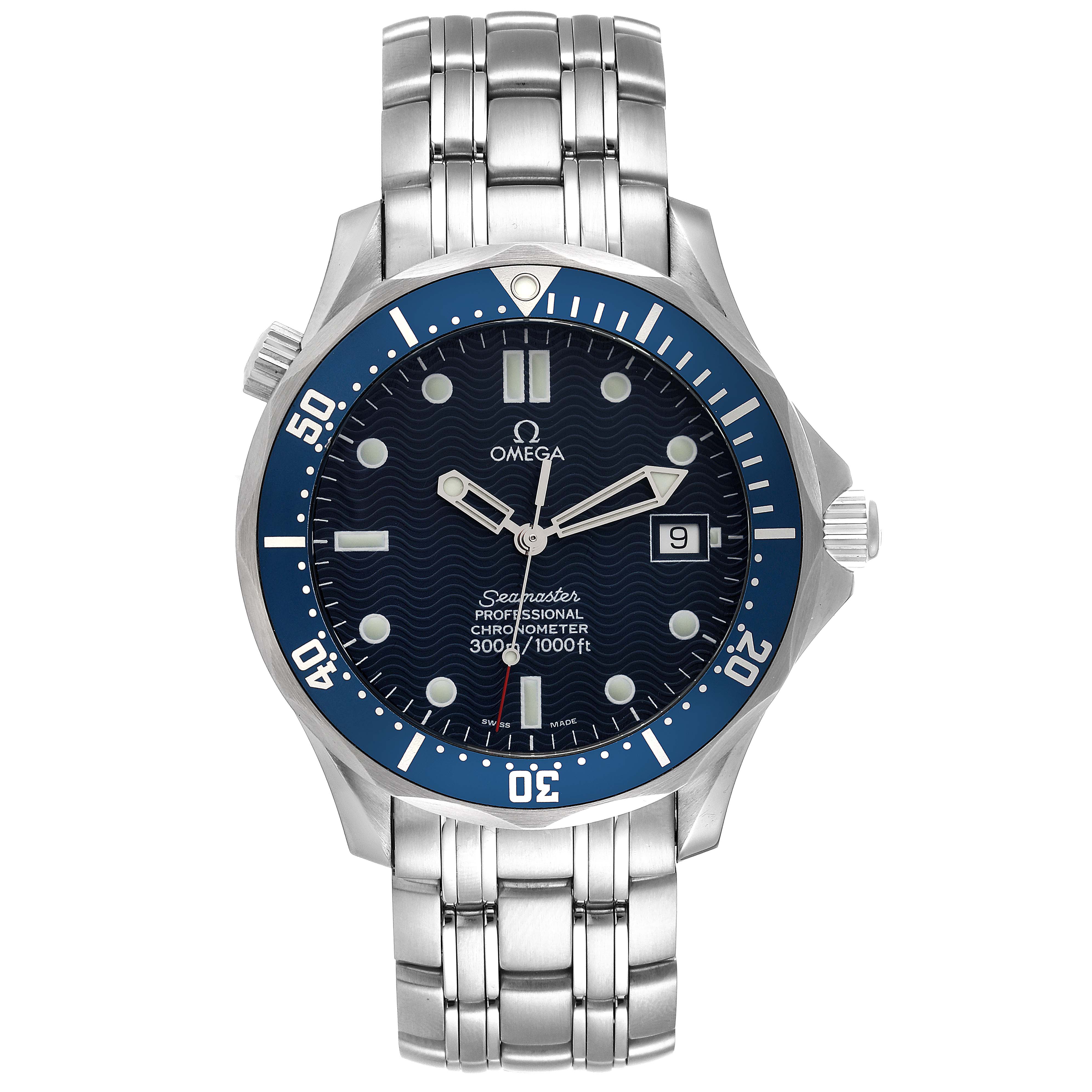 The image shows a front view of the Omega Seamaster 2531.80.00 Men's Stainless Steel Blue Dial 2531.80.00 Men's Stainless Steel Blue Dial watch, highlighting the face, bezel, crown, and stainless steel bracelet.