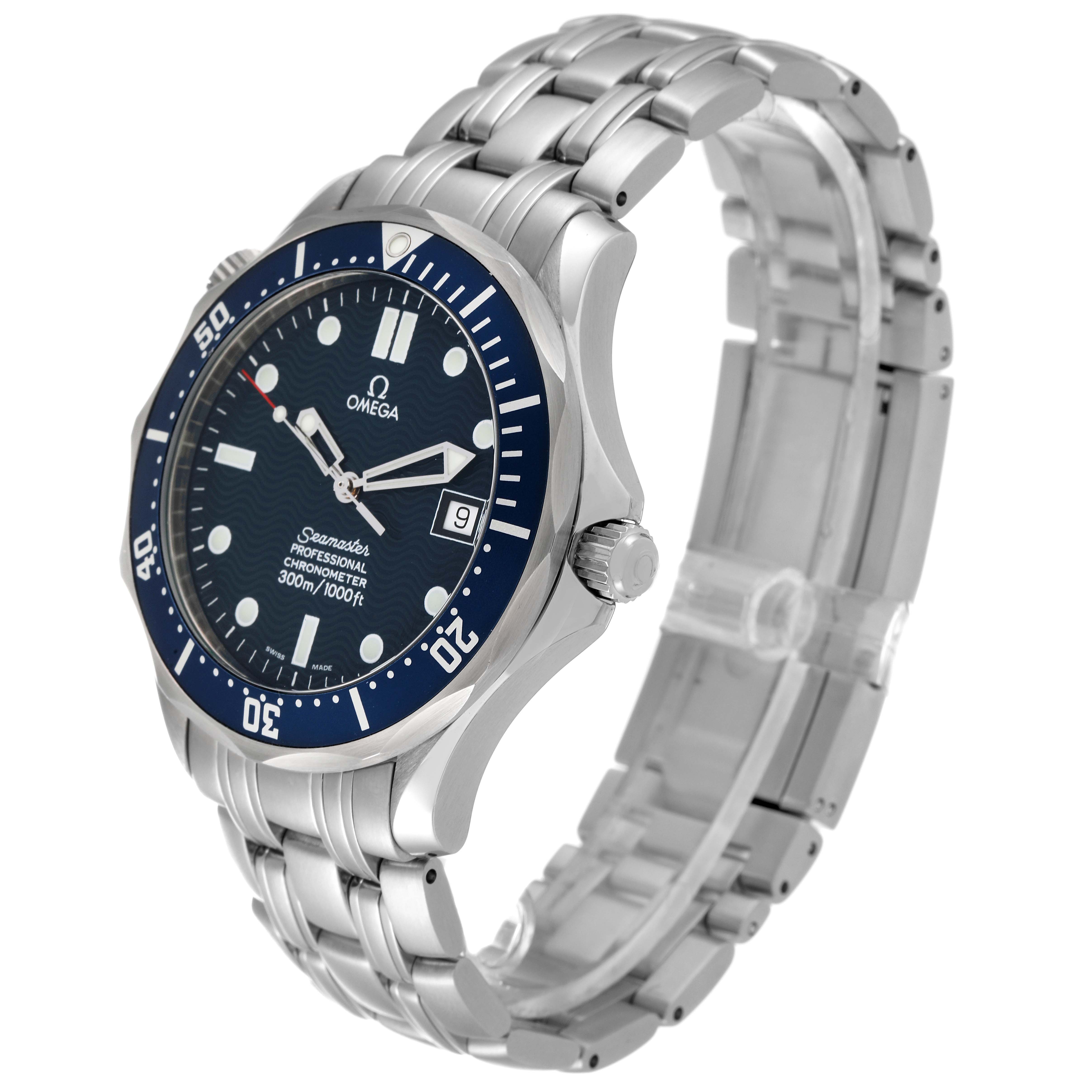 The Omega Seamaster 2531.80.00 Men's Stainless Steel Blue Dial 2531.80.00 Men's Stainless Steel Blue Dial watch is shown at an angled view displaying the face, bezel, crown, and bracelet.