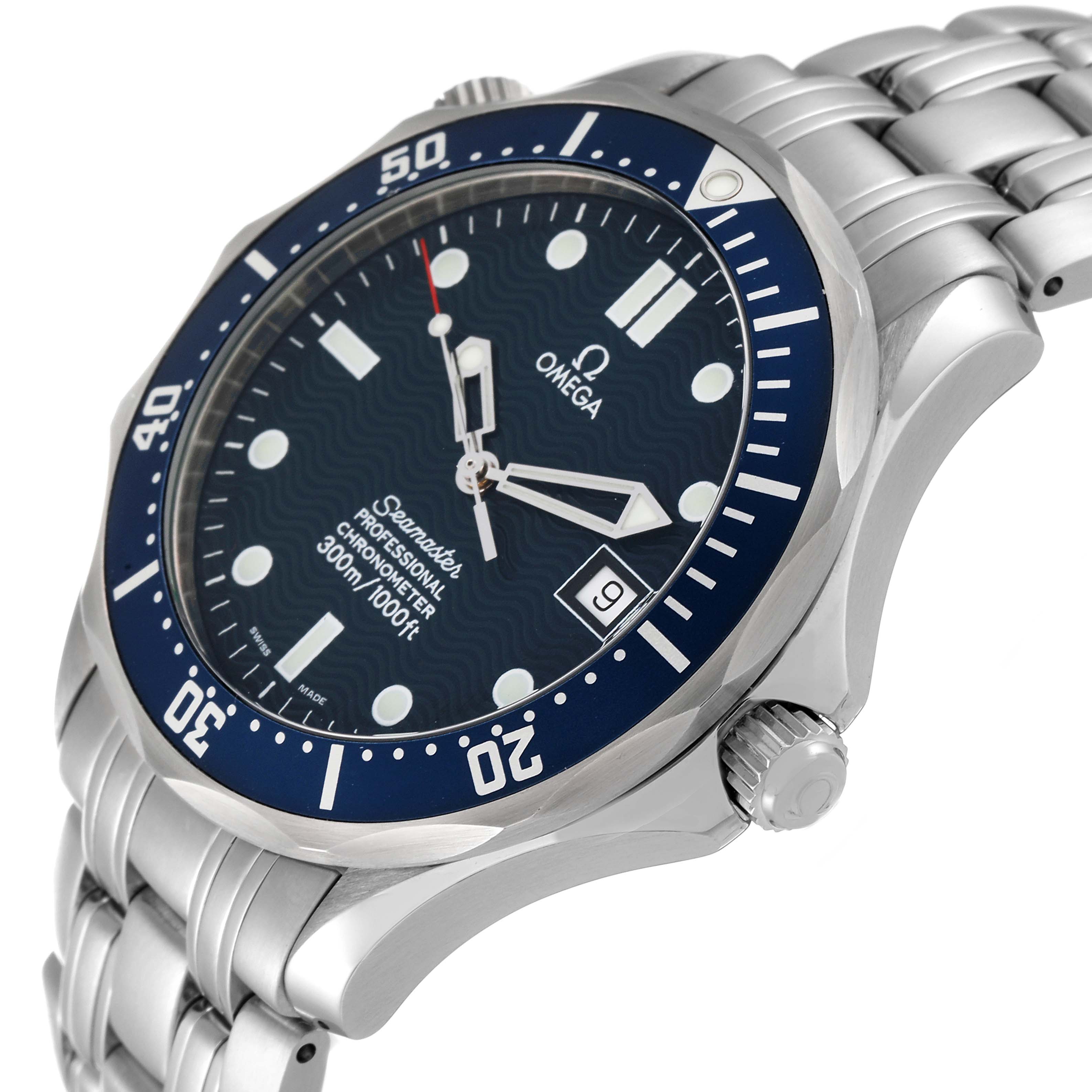 The image shows a side-angle view of an Omega Seamaster 2531.80.00 Men's Stainless Steel Blue Dial 2531.80.00 Men's Stainless Steel Blue Dial watch, highlighting the bezel, dial, crown, and stainless steel bracelet.