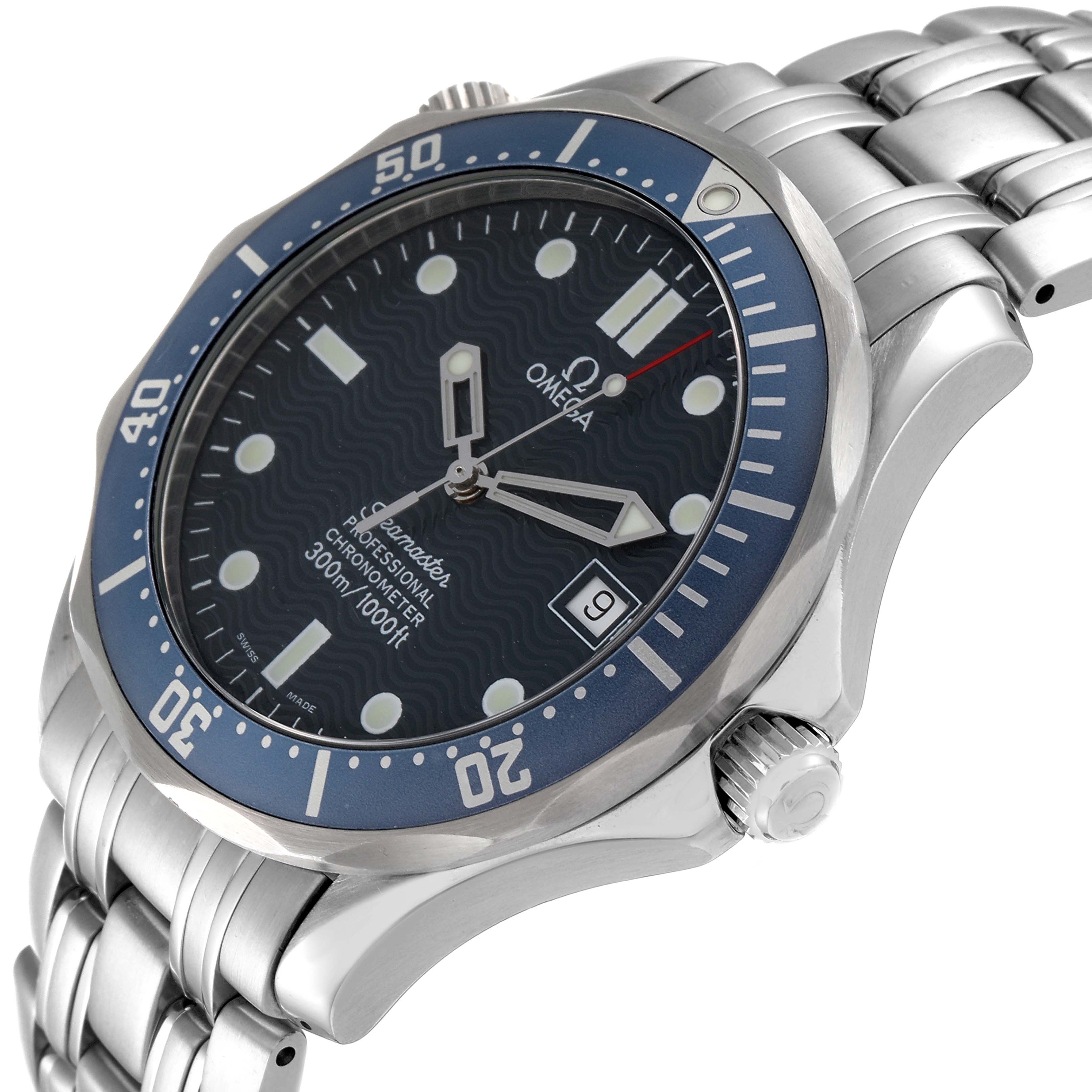 The image shows an angled view of an Omega Seamaster 2531.80.00 Men's Stainless Steel Blue Dial 2531.80.00 Men's Stainless Steel Blue Dial watch, highlighting the face, bezel, bracelet, and crown.