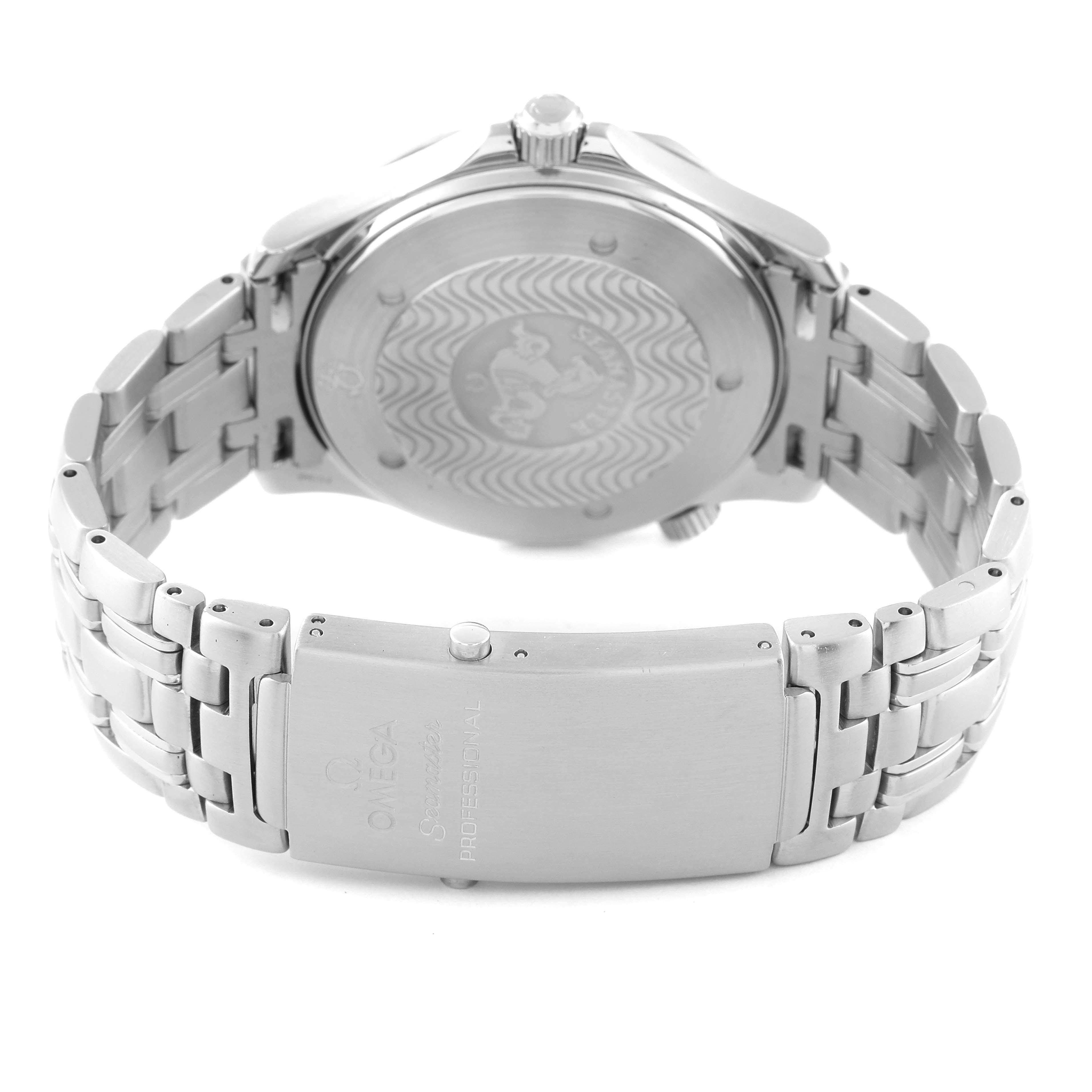 The image shows the back view of an Omega Seamaster 2531.80.00 Men's Stainless Steel Blue Dial 2531.80.00 Men's Stainless Steel Blue Dial watch with focus on the clasp and case back.