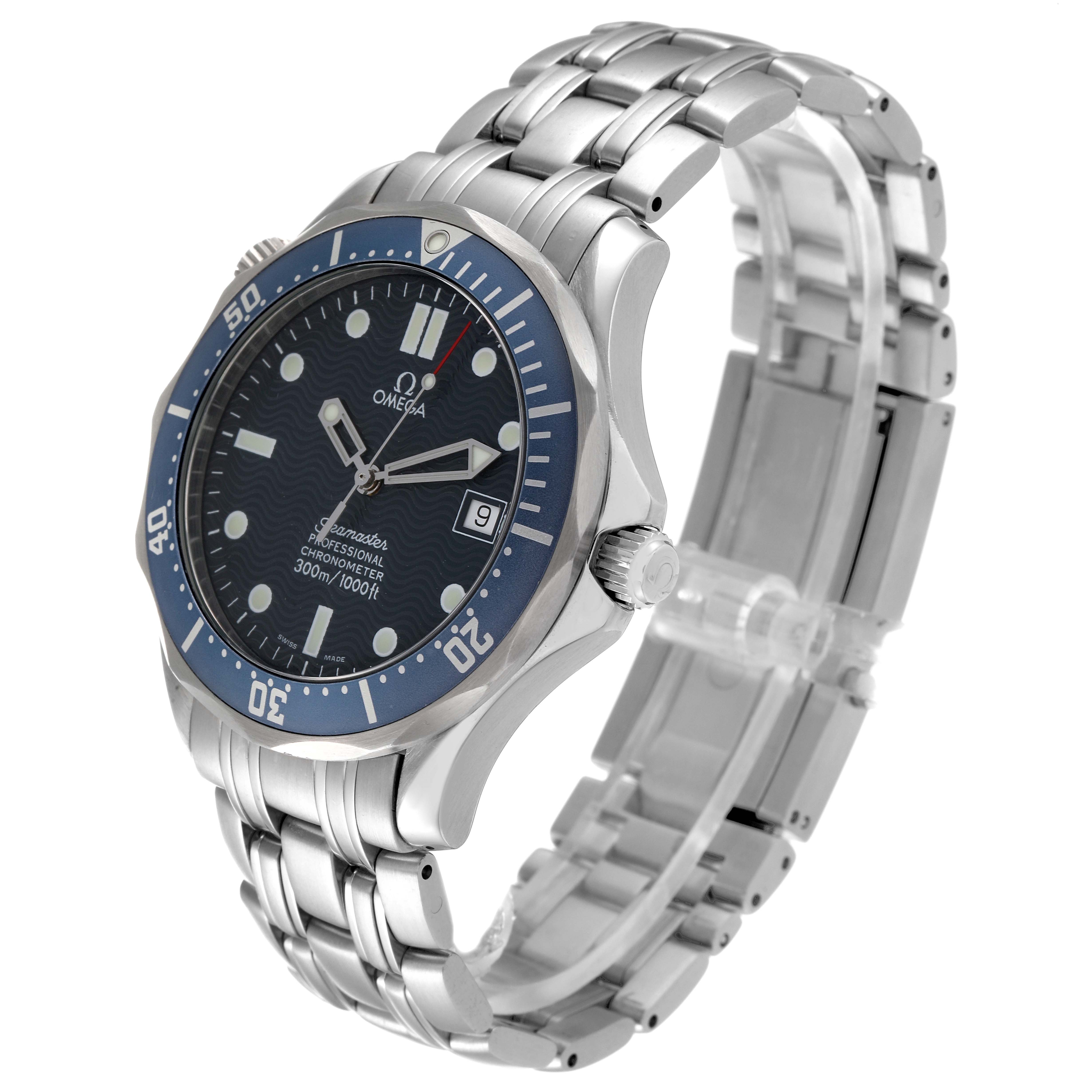 The image shows an angled side view of the Omega Seamaster 2531.80.00 Men's Stainless Steel Blue Dial 2531.80.00 Men's Stainless Steel Blue Dial watch, highlighting its face, bezel, and metal bracelet.