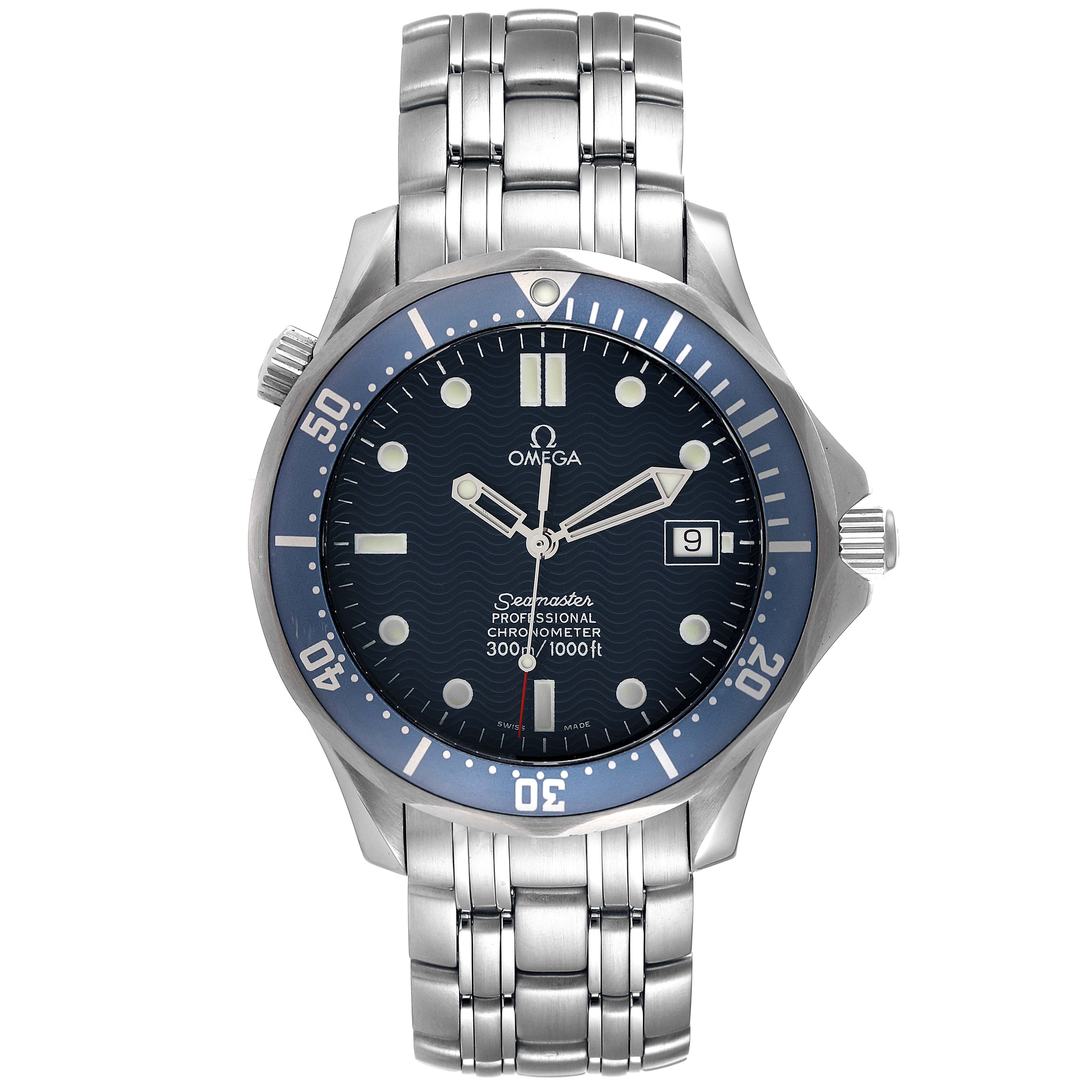 This is a front view of the Omega Seamaster 2531.80.00 Men's Stainless Steel Blue Dial 2531.80.00 Men's Stainless Steel Blue Dial watch, showcasing its dial, bezel, crown, and metal bracelet.