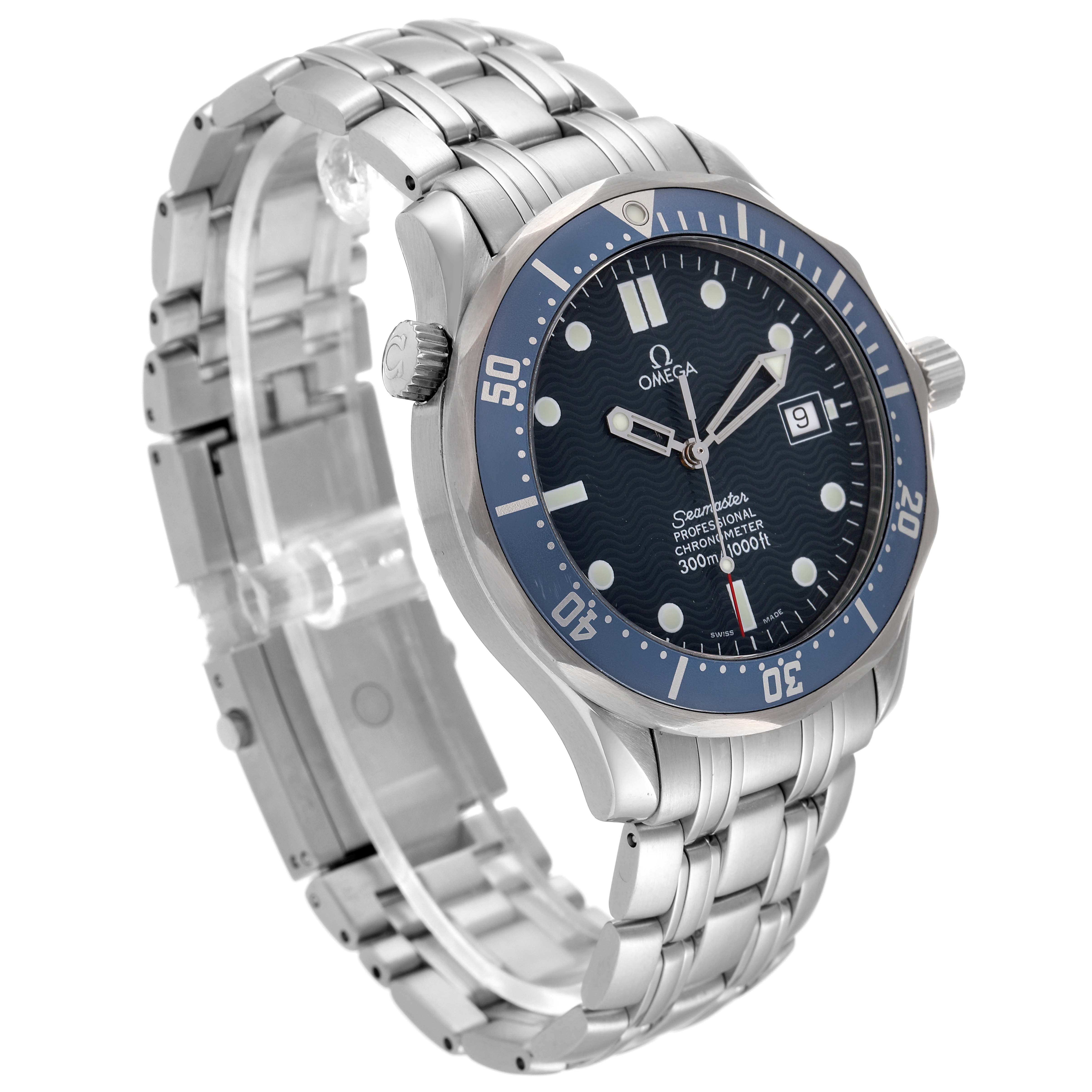 The image shows a side angle of an Omega Seamaster 2531.80.00 Men's Stainless Steel Blue Dial 2531.80.00 Men's Stainless Steel Blue Dial watch, highlighting its dial, bezel, bracelet, and crown.